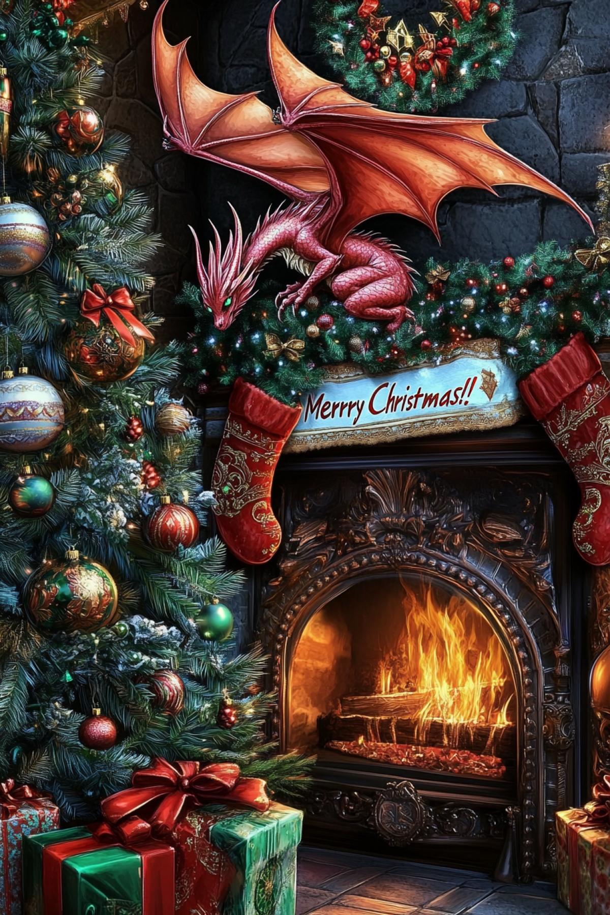 Christmas tree with a small graceful pink-red dragon hugging a Christmas ball with a painted snowflake, in the style of mystical worlds, Crystalcore, realistic hyperdetail, next to the fireplace with a Christmas wreath, gift socks hanging over the fireplace, to which a very tiny dragon flies up with a small gift box, the style of the Hildebrandt brothers, rich decorations, the atmosphere of Christmas, the inscription on the fireplace \"Merry Christmas!\", cabcore, beautiful, high detail, high resolution, 30mm lens