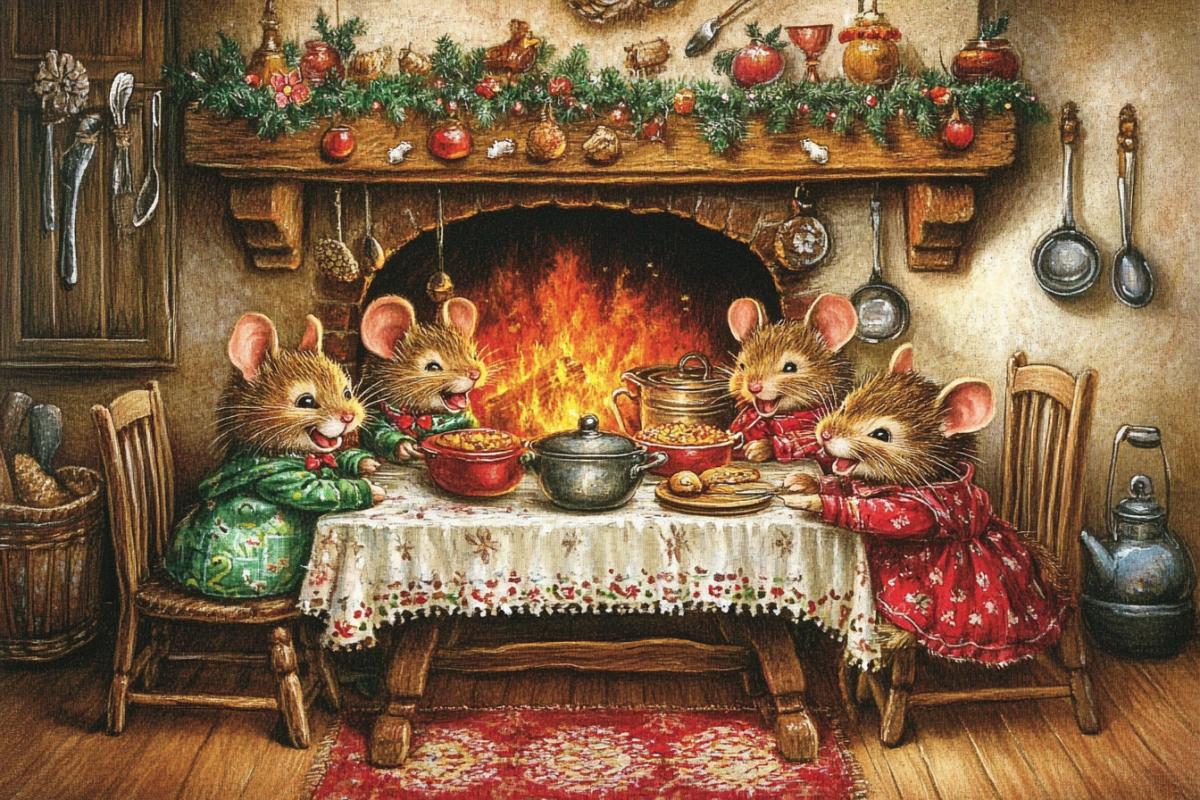 A cozy postcard of a family of mice at a table by the fireplace with kitchen utensils hanging on the walls. In the fireplace there are cauldrons with cooking food hanging on an iron crossbar.