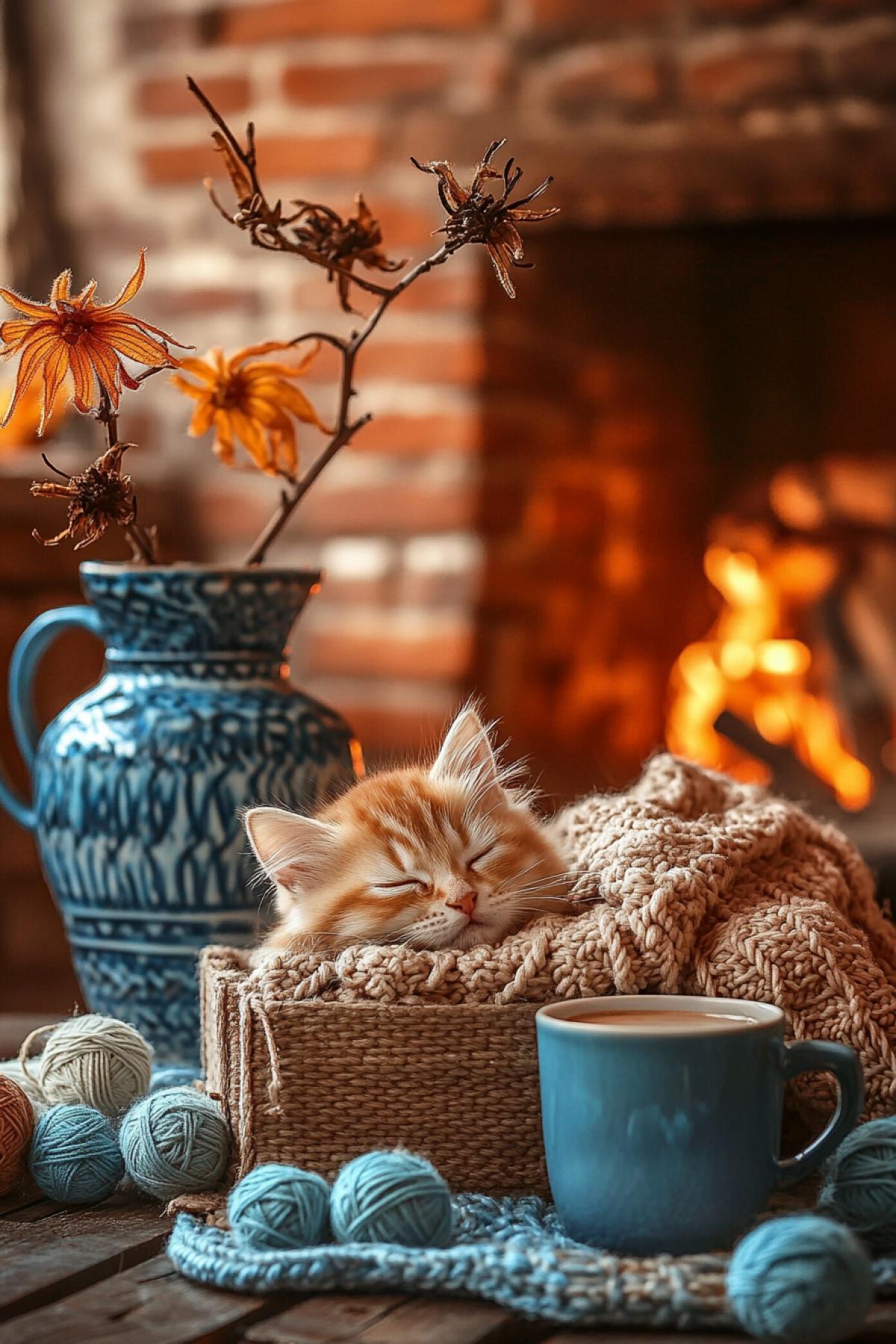 Cute little fluffy kitten sleeping in a box full of balls of yarn, knitted blanket around him, cup of hot cappuccino on coffee table, blue ceramic vase with physalis branch, brick fireplace with burning fire. cozy home atmosphere of autumn morning, photorealistic art in photography style, in warm colors, rays of morning sun