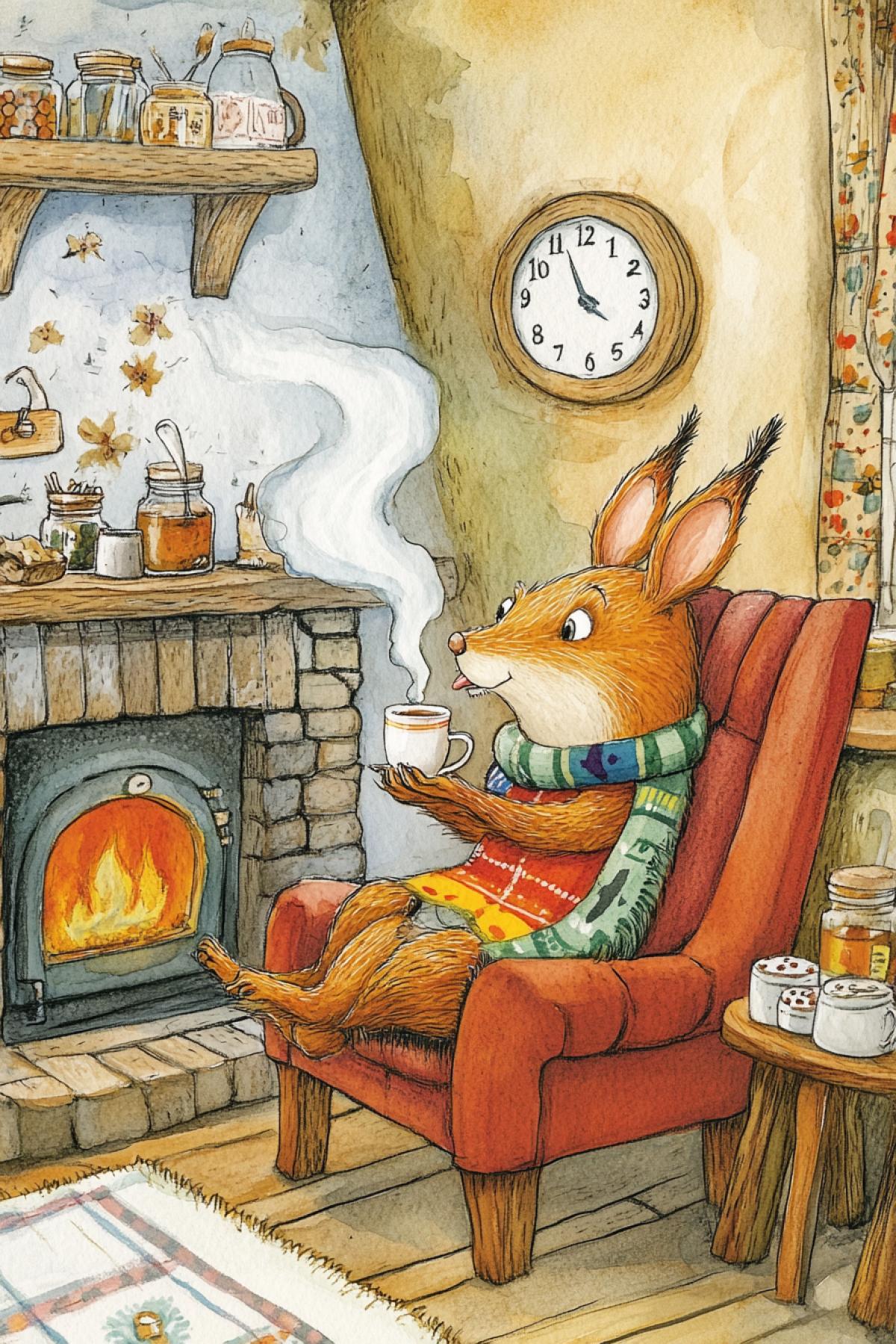 In a cozy chair, an 35 years old squirrel in a colored scarf drinks tea, steam comes from the cup, a fireplace with a candle on it, jars with preparations, a portrait of a squirrel, a clock on the wall, cartoon