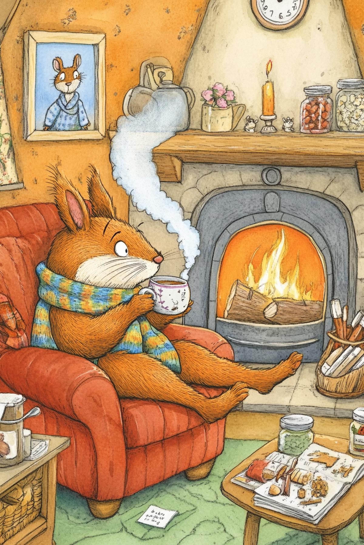 In a cozy chair, an 35 years old squirrel in a colored scarf drinks tea, steam comes from the cup, a fireplace with a candle on it, jars with preparations, a portrait of a squirrel, a clock on the wall, cartoon