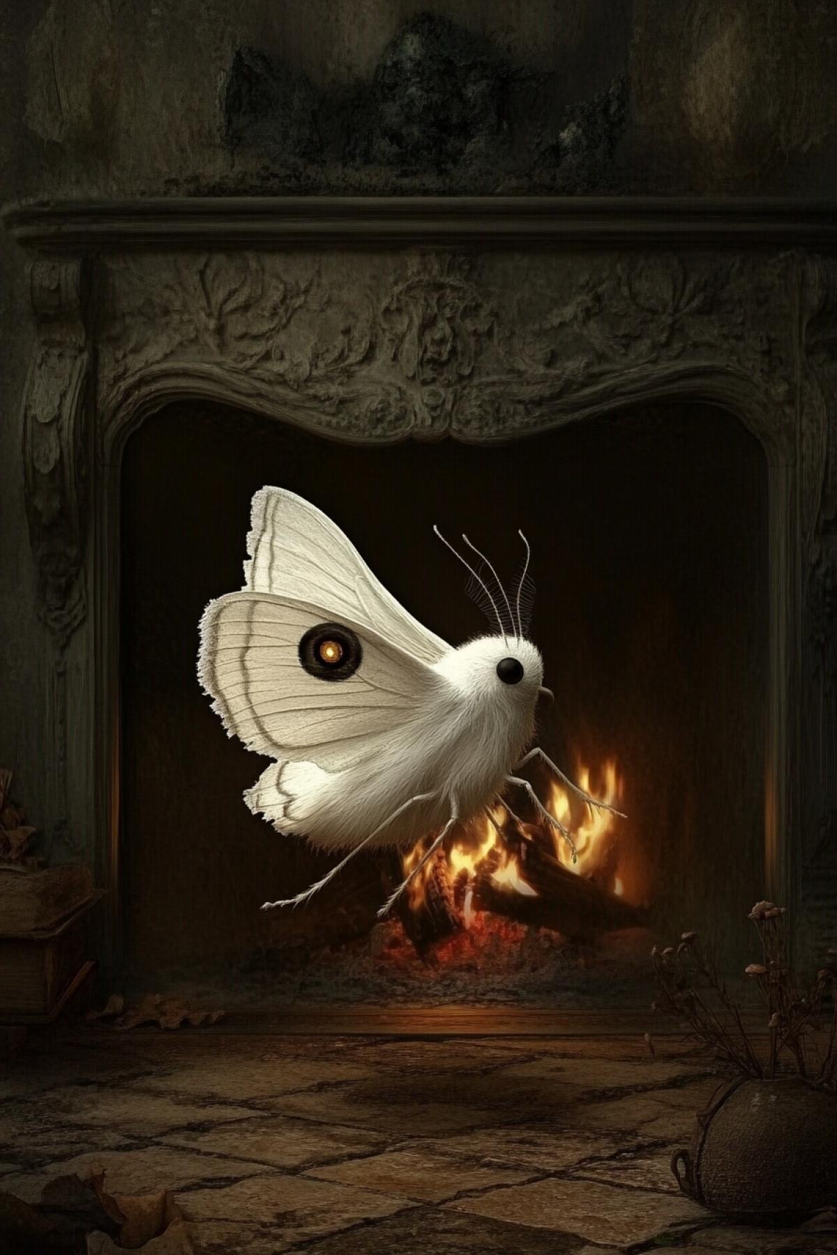 Dance of a white moth at an open fireplace, surrealism v 5.1