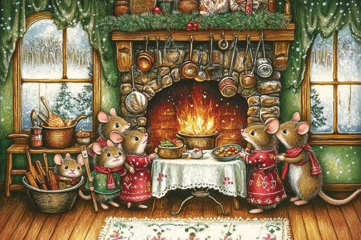 A cozy postcard of a family of mice at a table by the fireplace with kitchen utensils hanging on the walls. In the fireplace there are cauldrons with cooking food hanging on an iron crossbar.