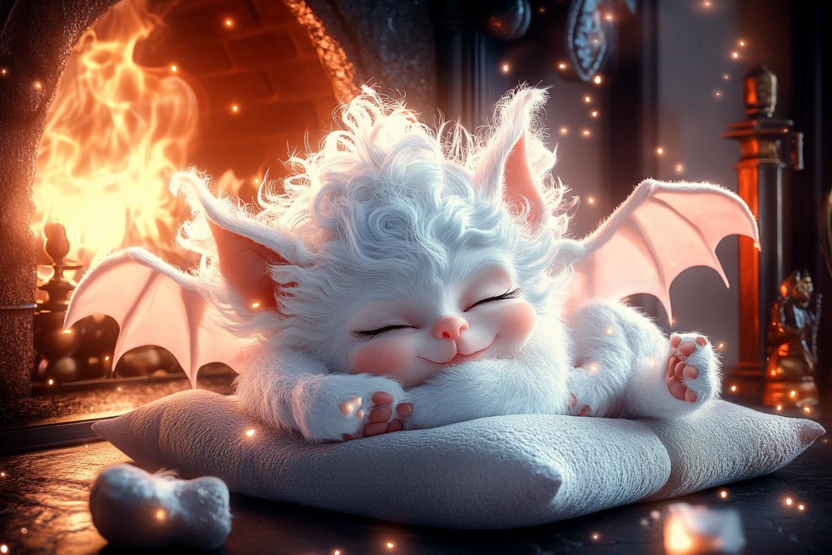 A very cute and furry domestic live baby gargoyle, very happy, is sleeping on its cushion next to the fireplace, beautiful white gargoyle with wings, long lions mane, all white and curly, blue eyes, ears and the light pink wings, stardust everywhere, hyper detailed, hyper realistic, professional photo