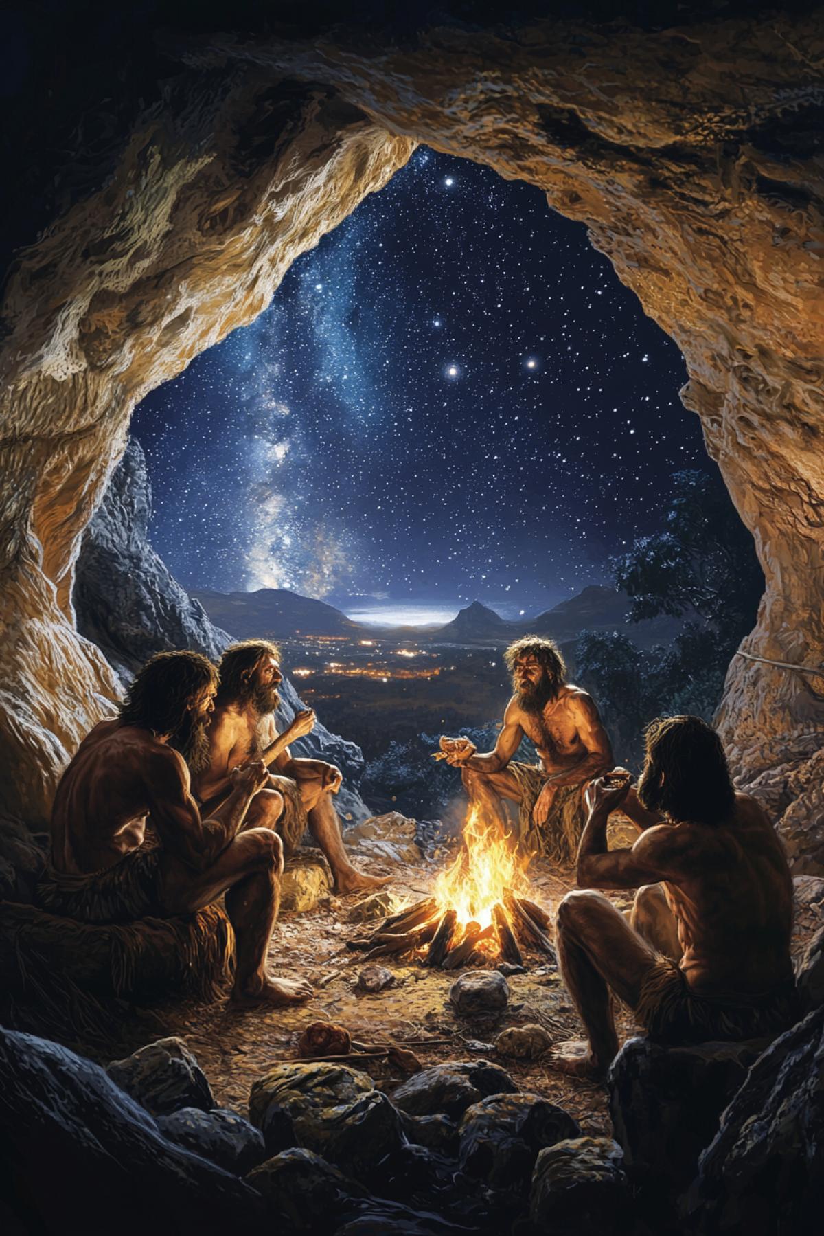 Several ancient troglodytegs wearing fit skins in cave near fireplace eating fried meat their wives nearby starry night behind cave exit realistic art