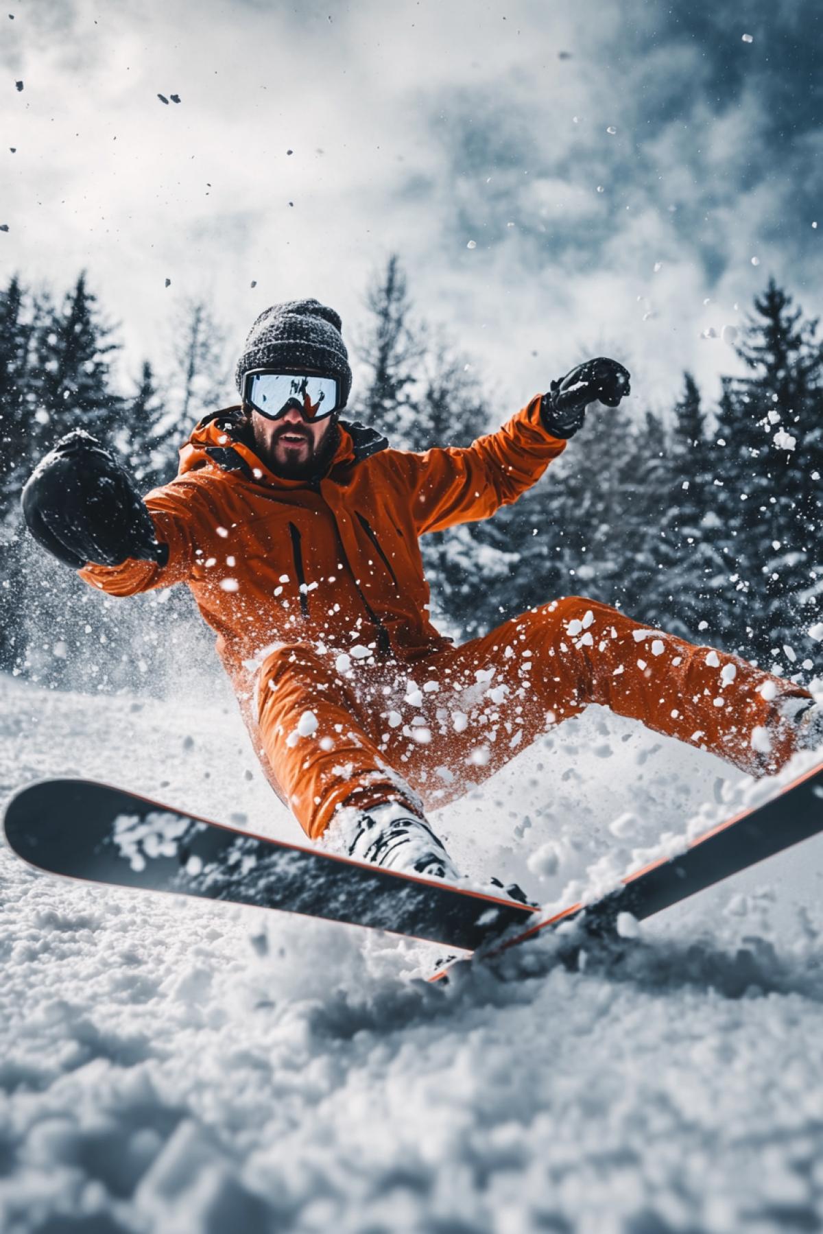 Young handsome skier in field has crossed skis stepping on it and is falling down in ridiculous grotesque manner breaking ski sarcastic moment the colours white orange dark
