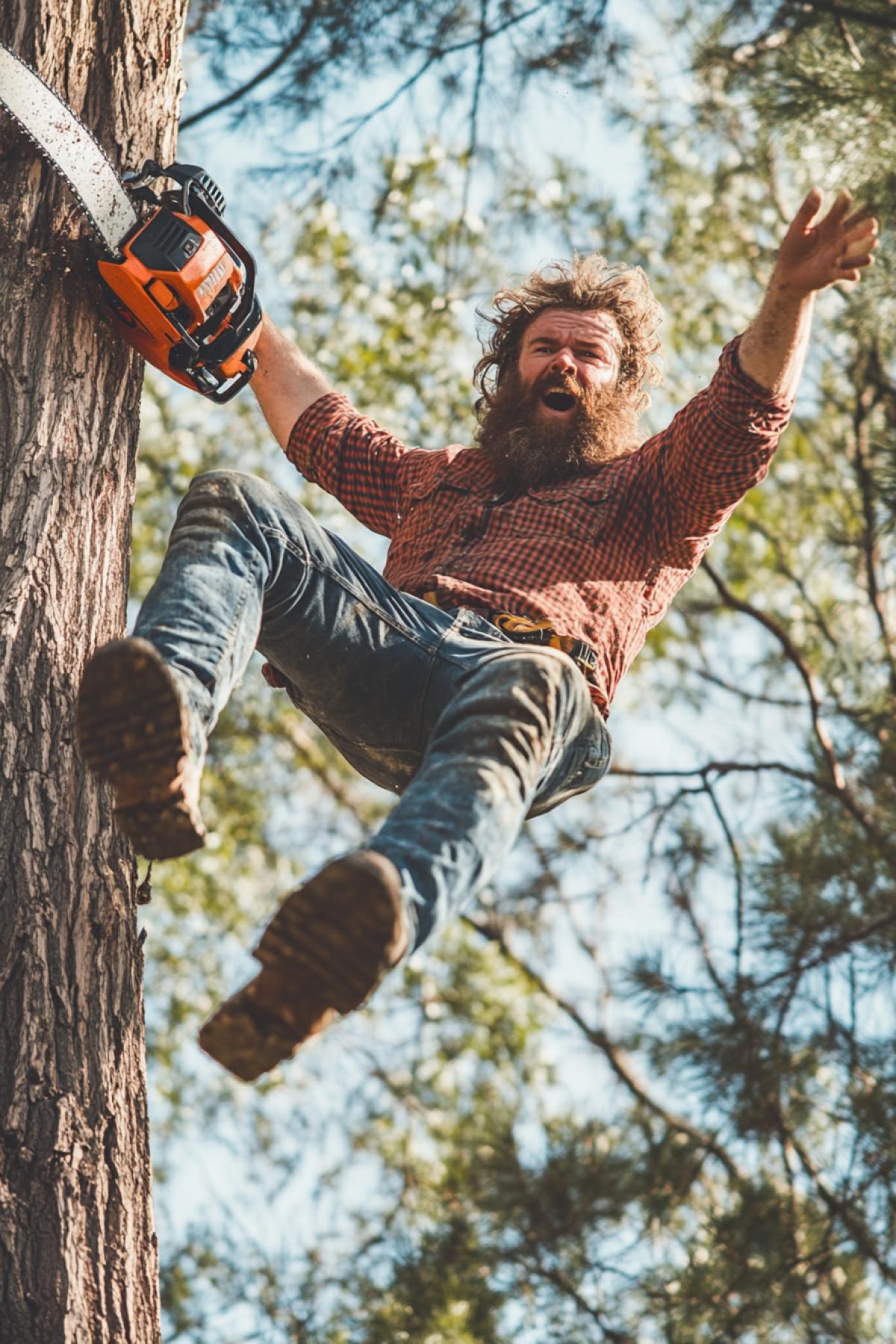 Bearded woodcutter with chainsaw in hands flying in air falling down flatways from high tree unexpectedly ridiculous