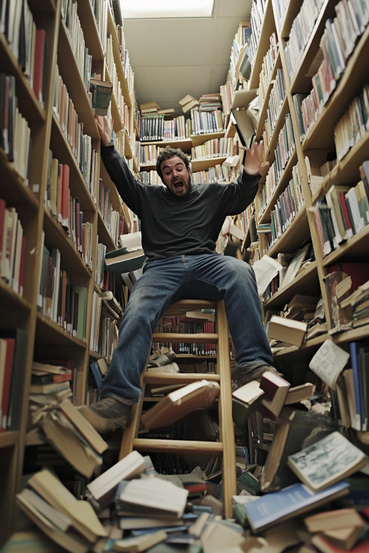 The man falling down together with ladder in library shelves with books all around also falling down