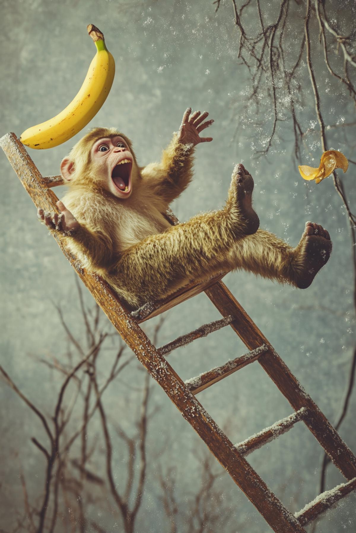 Images that capture funny, awkward, or comical moments of falling. Imagine your characters losing their balance: they could be people, animals, or even fantastical creatures. Your works can depict someone slipping on a banana peel, losing their footing on ice, or falling in a funny 4k from a ladder. The key is to capture that moment with humor and positivity.