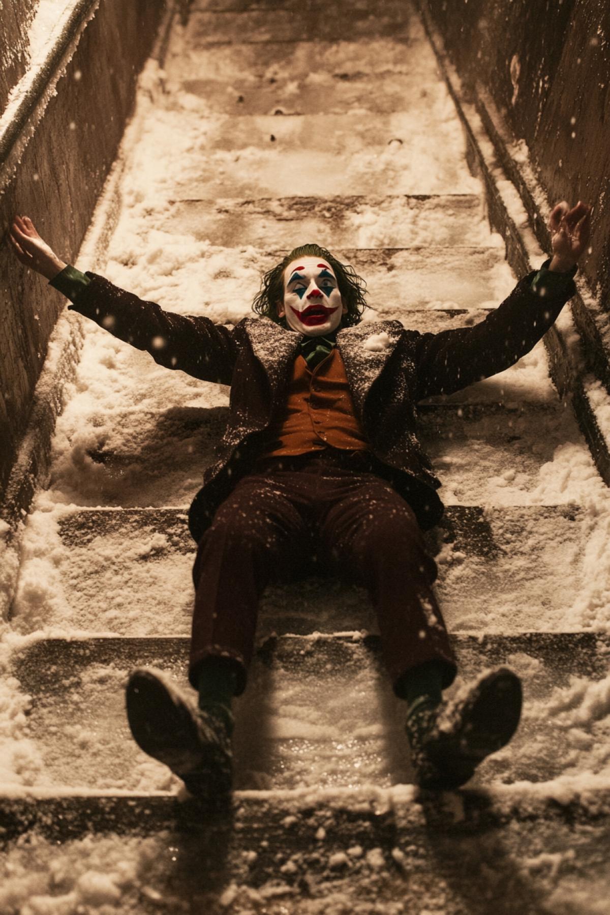 The image shows the Joker Joaquin phoenix slipping on ice on a snow-covered staircase. His arms are outstretched and his legs are bent at the knees. He looks at the camera with a surprised expression on his face. The staircase is made of concrete and covered with snow. The background is dark and blurry. A frame from the movie. Dynamic, funny, night