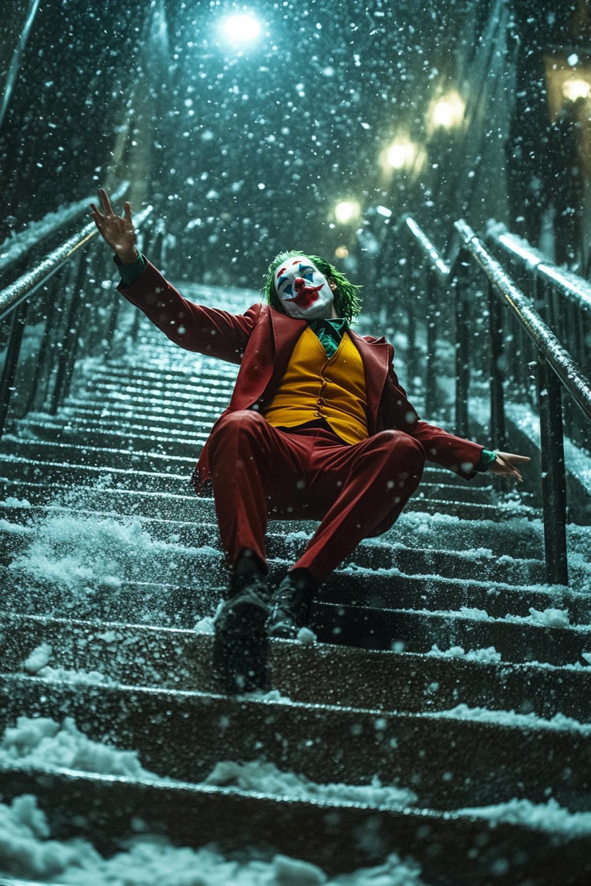 The image shows the Joker Joaquin phoenix slipping on ice on a snow-covered staircase. He looks at the camera with a surprised expression on his face. The staircase is made of concrete and covered with snow. The background is dark and blurry. A frame from the movie. Dynamic, funny, night