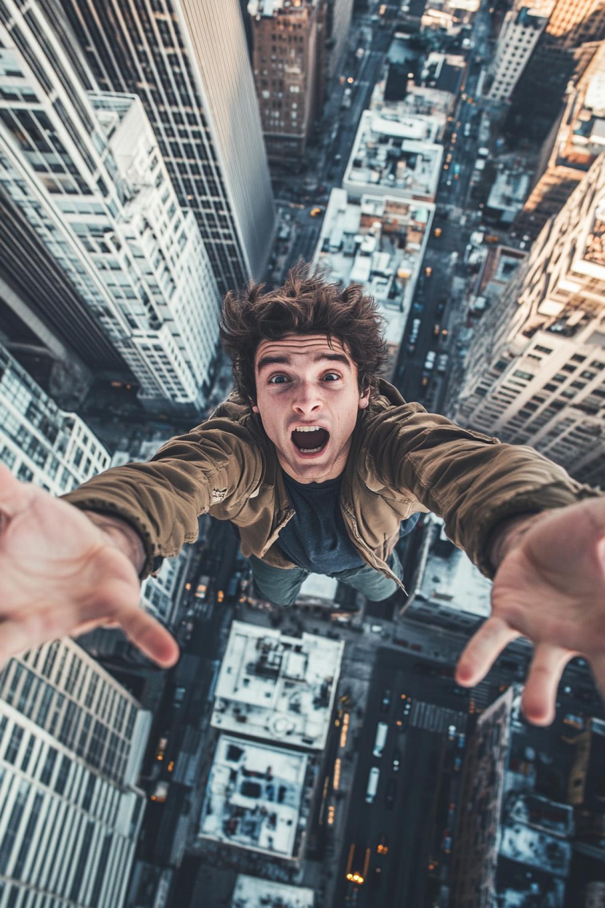 Topview at frightened man faking down from skyscrapers top down into emergency trampoline down there
