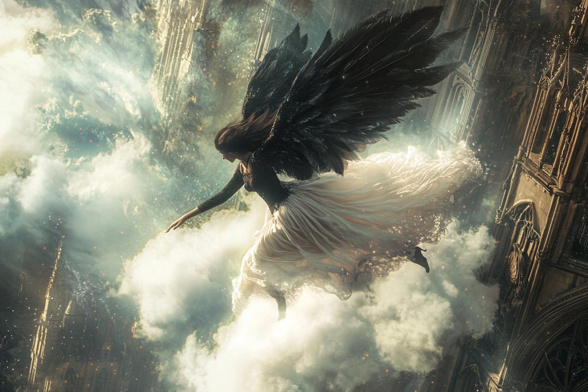 Falling dark angel falls slipping on a cloud falls from a cloud down to the ground roccoco steampunk magic