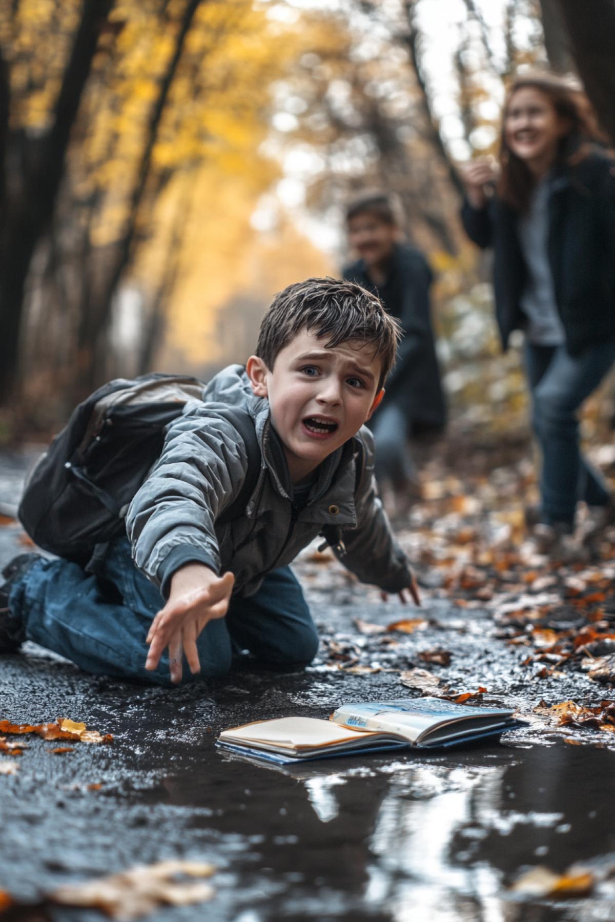 A schoolboy boy fell into a puddle, textbooks scattered from his briefcase, classmates laughed, late autumn