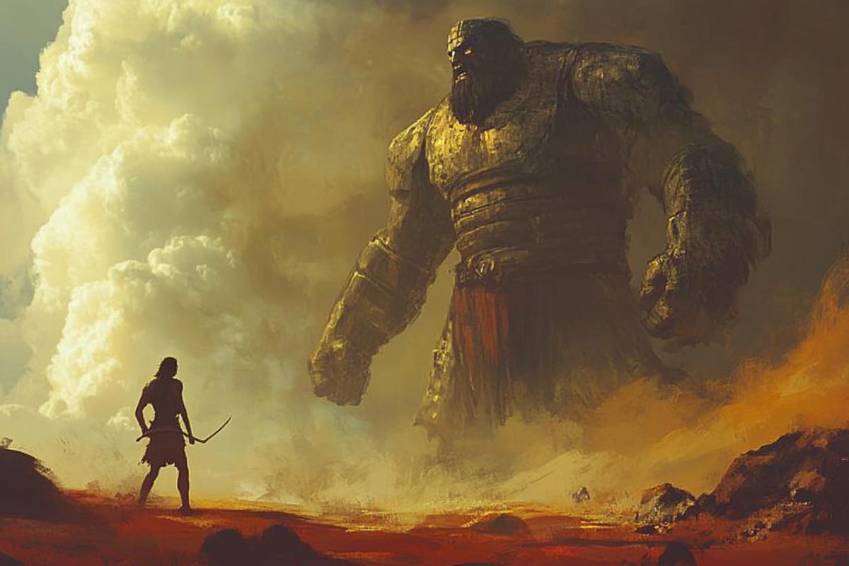 We need to create visual interpretations of the biblical story of David and Goliath, but with a modern or original approach. This could be a classic battle scene, or a reimagining of images from other eras or styles, such as sci-fi, cyberpunk, or a post-apocalyptic world.