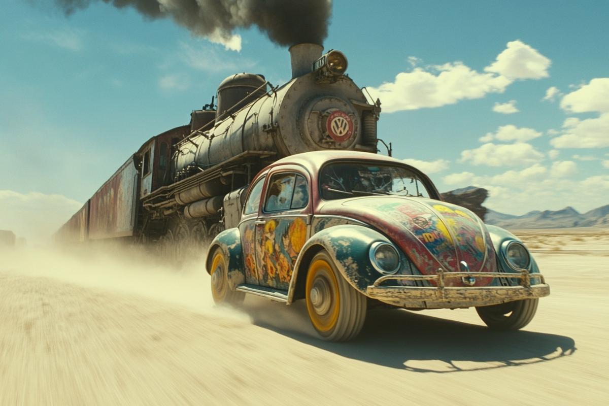 A still from a disaster movie. A Volkswagen Beetle, painted in a hippie style, races at high speed towards an oncoming locomotive. The collision is inevitable. They are hurtling towards each other. Many artistic techniques are used here to emphasize the high velocity.