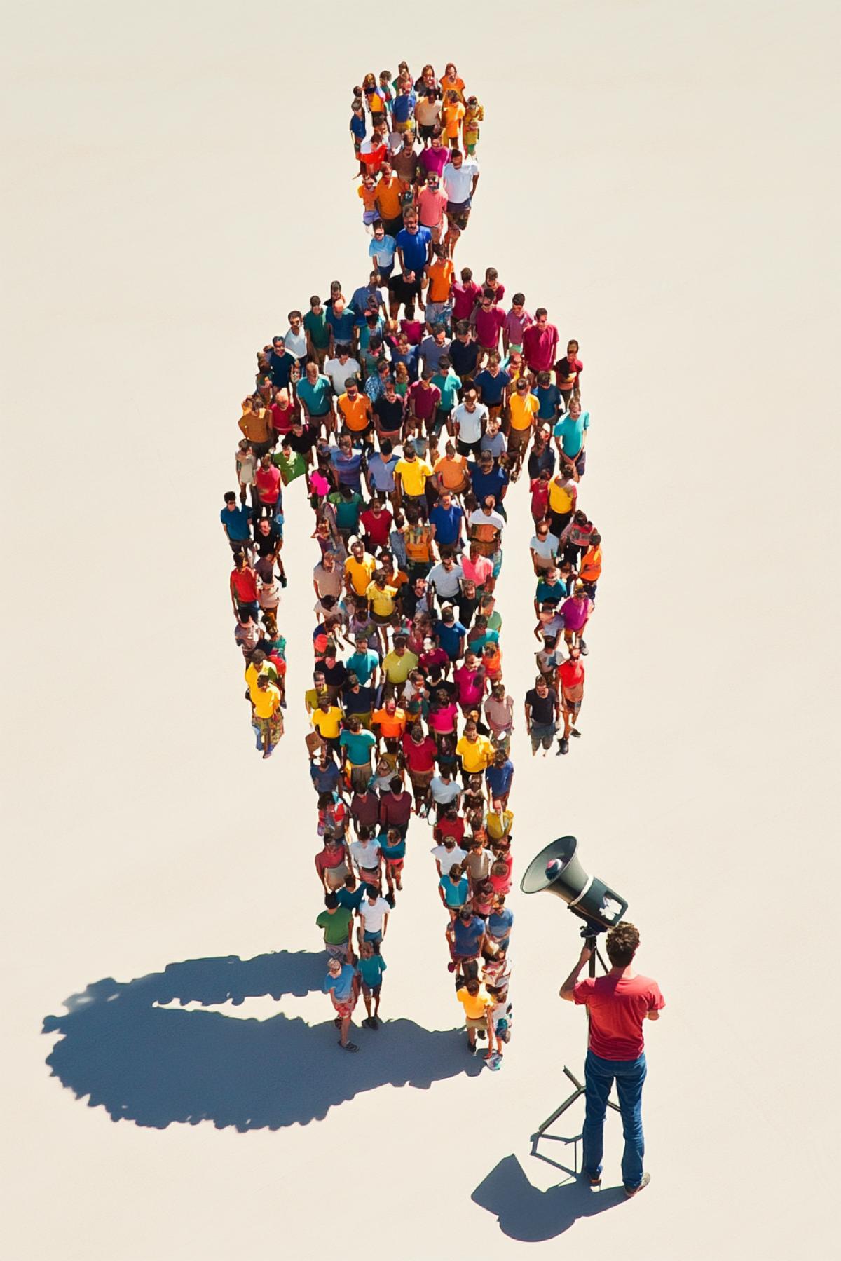 Castells, a figure in the shape of a person made up of many people. Opposite the castells figure stands a small, thin man with a big loudspeaker.