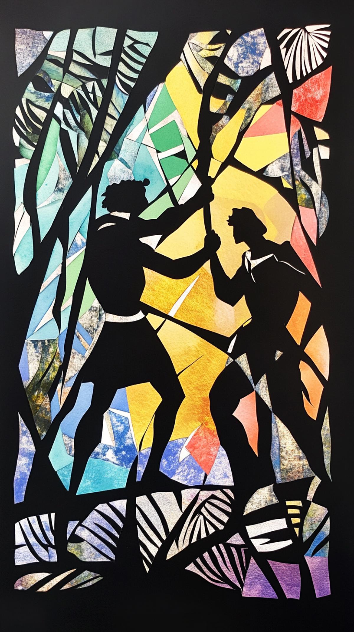 David versus Goliath, in the cut-outs style of Henri Matisse