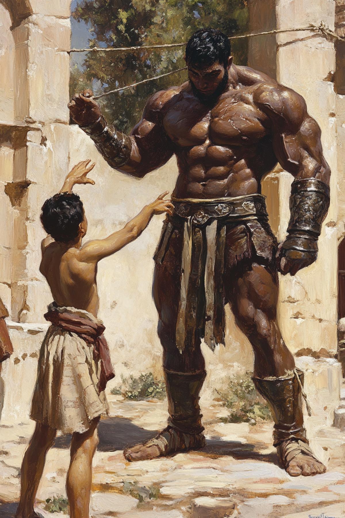 Middle Ages. An Arab teenager throws a stone using a slingshot at a strong, muscular, tall Roman gladiator. The gladiator looks down condescendingly at the Arab teenager.