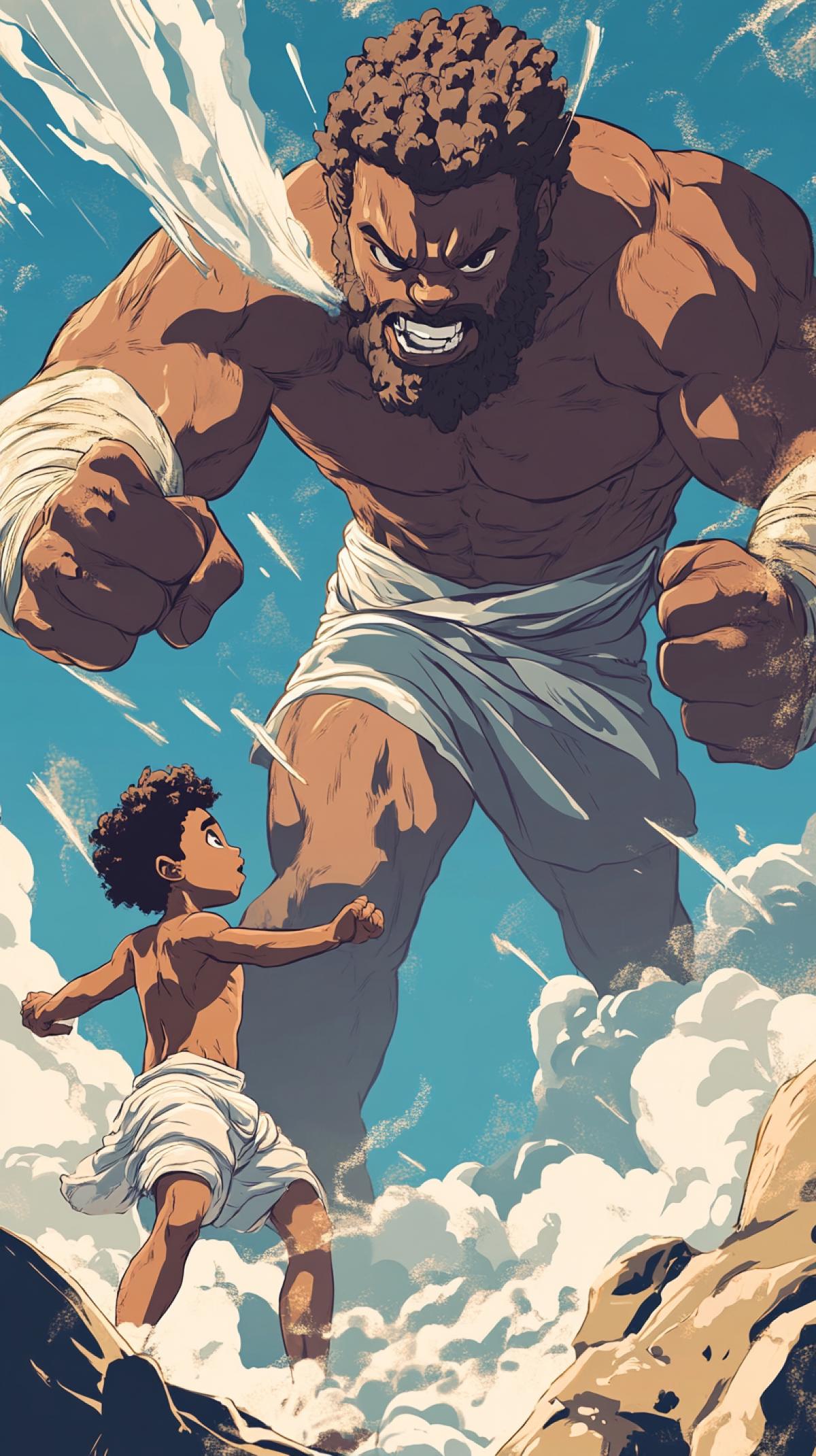 create a graffiti inspired cartoon depiction of David vs Goliath, using brown skinned characters to help spread Gods message to a new generation ar 16:9