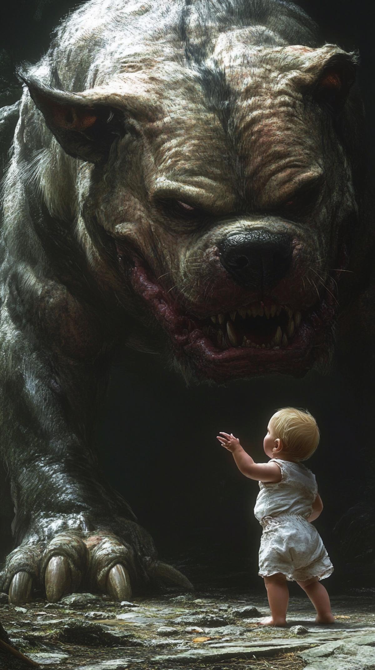 a human baby fighting against a giant, monstrous pitbull