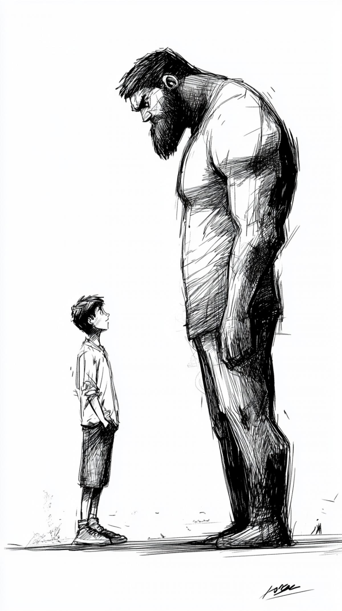 big young guy, full , looking to a shorter guy, sketchy drawing, ink and pencil, dark and white