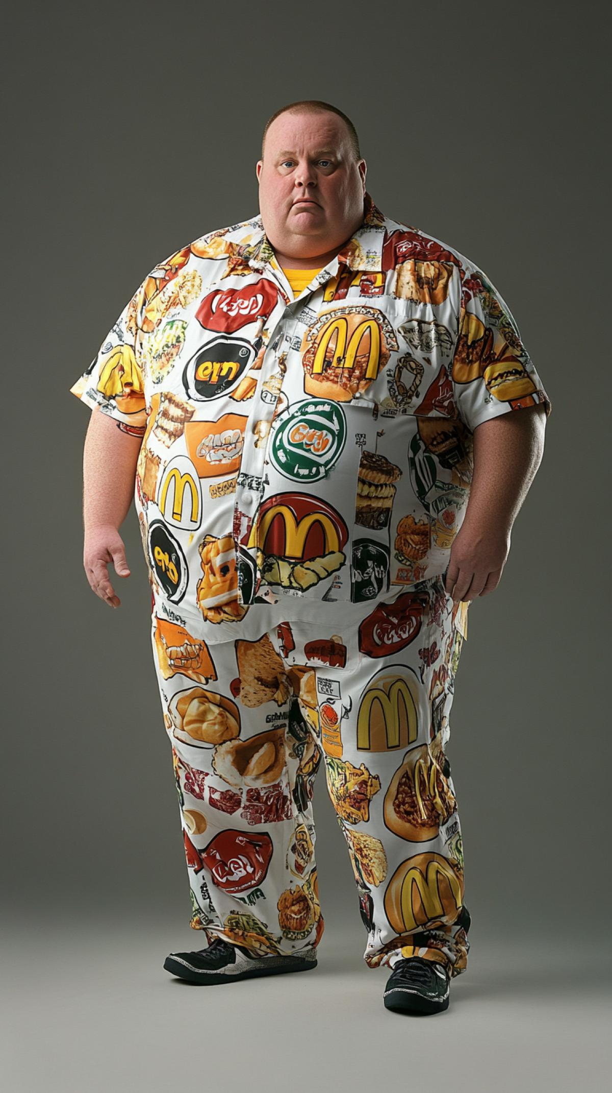 Advertising photo of a very fat man wearing a shirt and pants with many McDonalds logos on his clothes