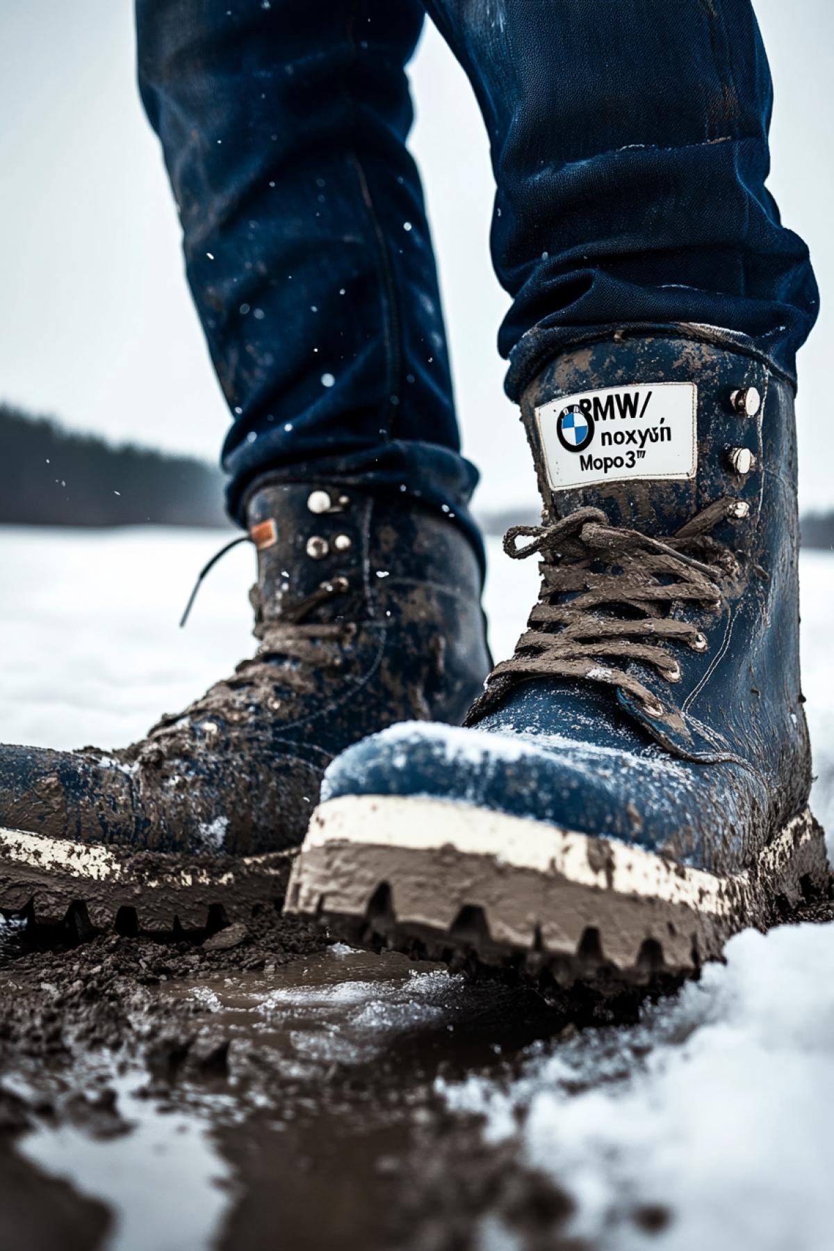 Advertising photo of \"BMW\" brand boots with bmw autobrand logo clean in the most muddy places in winter metallic blue top white bright sole scenic light slogan \"noxyŭ Mopo3\" on bold across picture