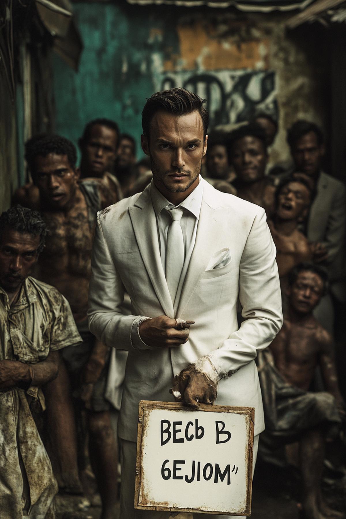 Advertising poster of white suit handsome man wearing luxury white suit tie diamonds on the background of many poor people in ragged cloths text slogan \"BECb B 6EJIOM\"