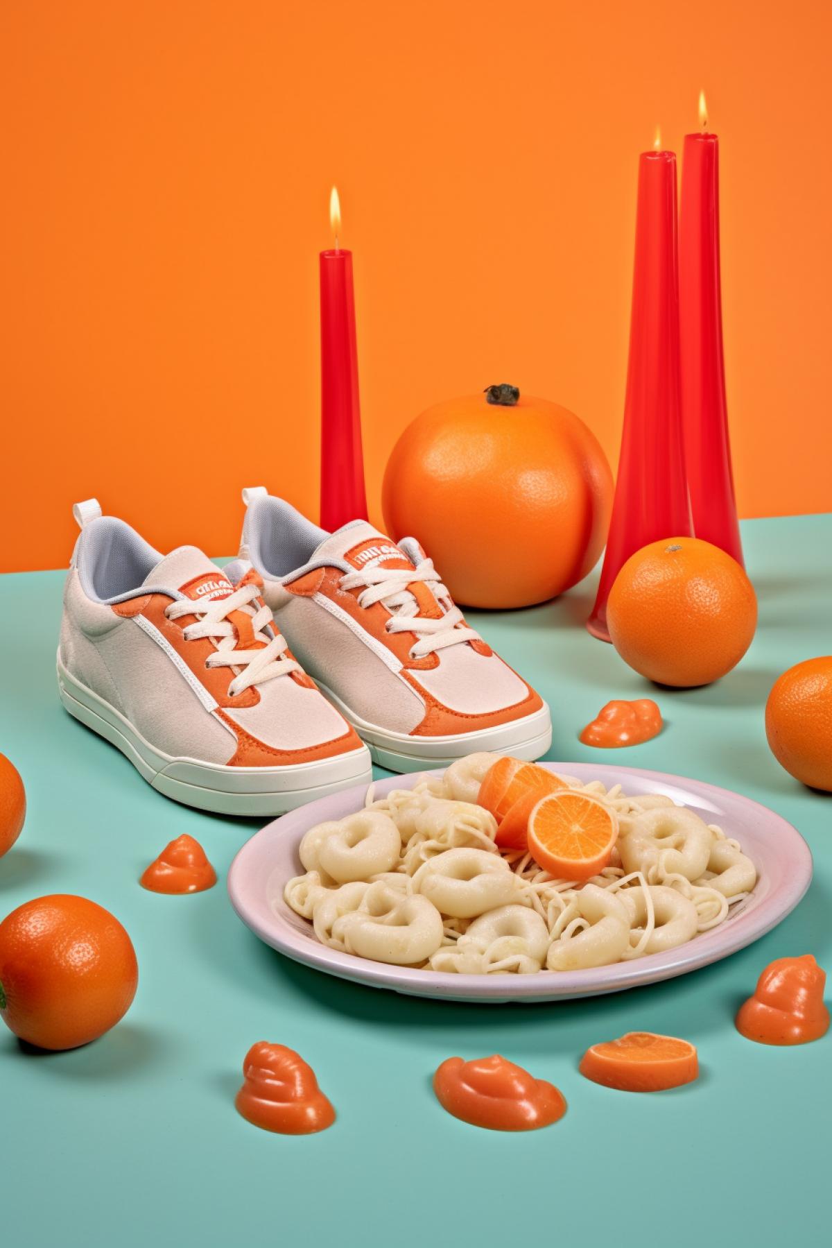 Strange advertising photo of shoes with dumplings and carrots