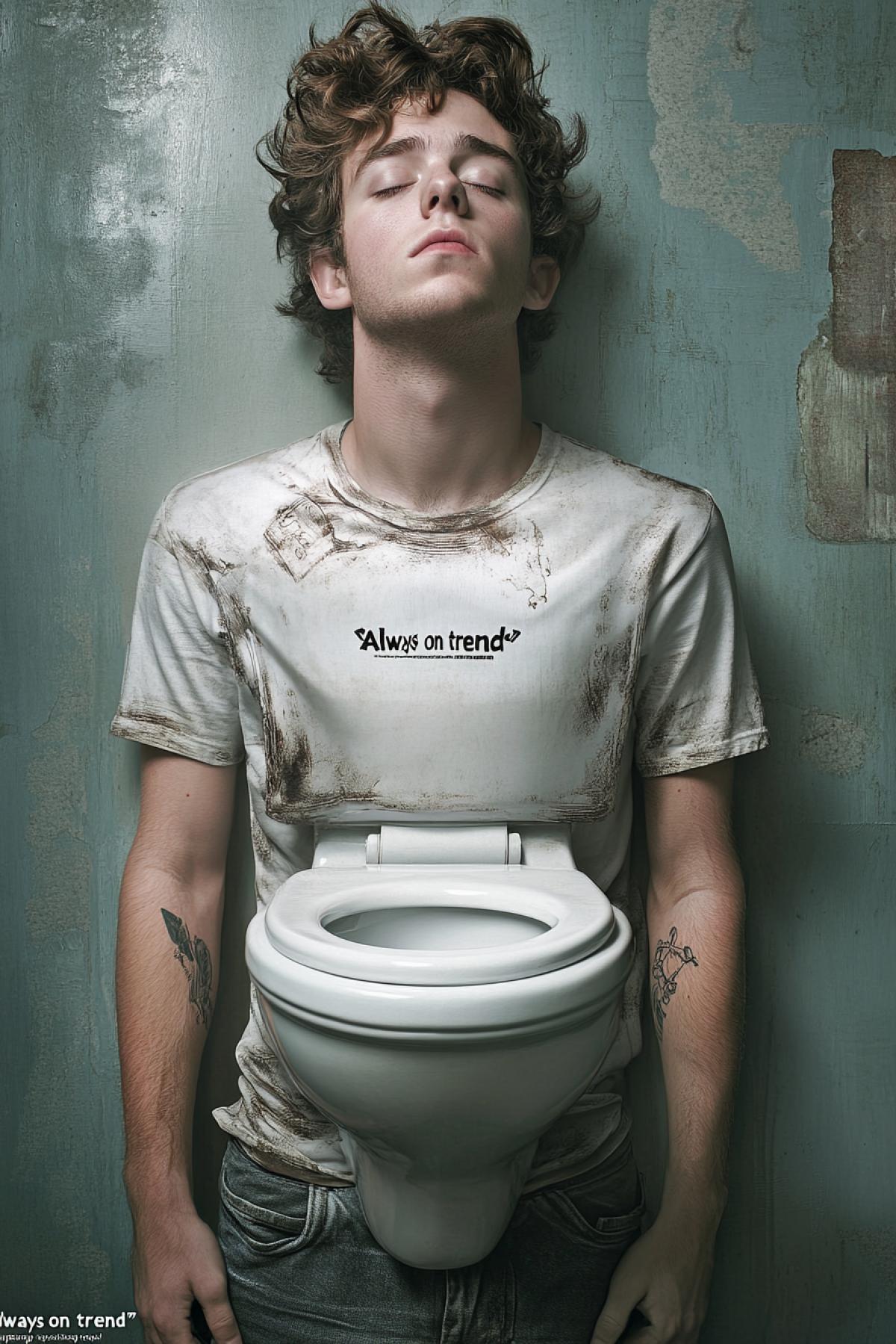 A creative promotional photo of a mens T-shirt with a large print of a toilet bowl on it. Advertising clothes on the model is \"Always on trend\"