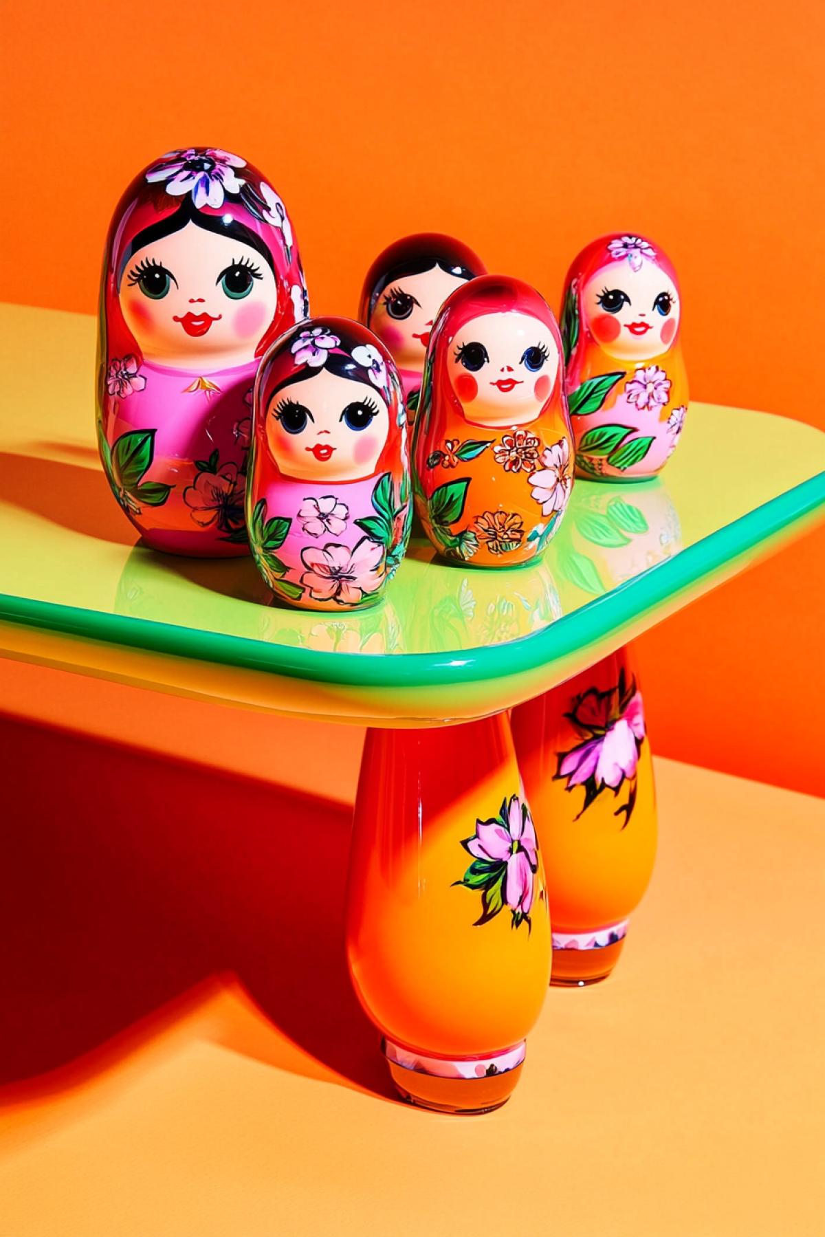 isolated product photography of a modern minimalist table, supported by traditional Russian matryoshka dolls as table legs, all dolls evenly spaced, each with glossy pink and light blue colors, smooth lacquered finish, hand-painted floral patterns, over4k white backdrop, no shadows, Canon EOS R5, 85mm f/1.4 lens, ultra-high-resolution image, for the cover of AD Architectural Digest style raw p
