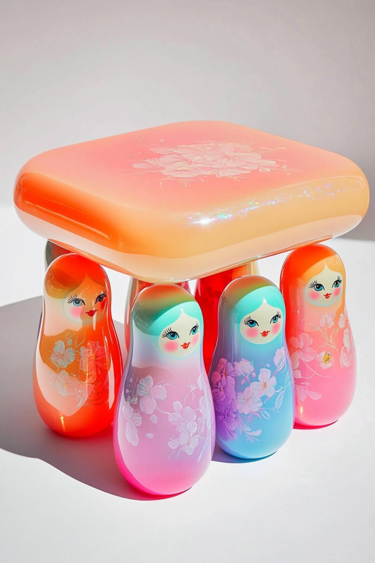 isolated product photography of a modern minimalist table, supported by traditional Russian matryoshka dolls as table legs, all dolls evenly spaced, each with glossy pink and light blue colors, smooth lacquered finish, hand-painted floral patterns, over4k white backdrop, no shadows, Canon EOS R5, 85mm f/1.4 lens, ultra-high-resolution image, for the cover of AD Architectural Digest style raw p