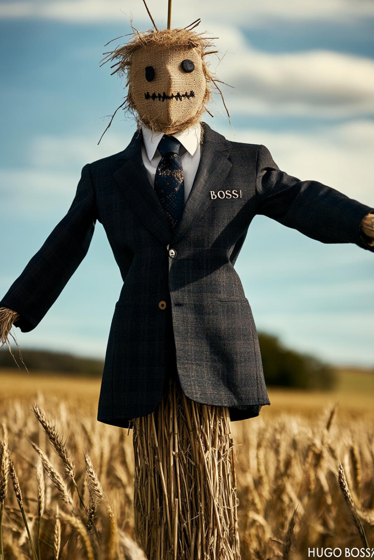 Adv poster scarecrow in field full height wearing luxury suit tie advertising text \"HUGO BOSS\" on the foreground across the picture scenic light high contrast vibrant colours detailed