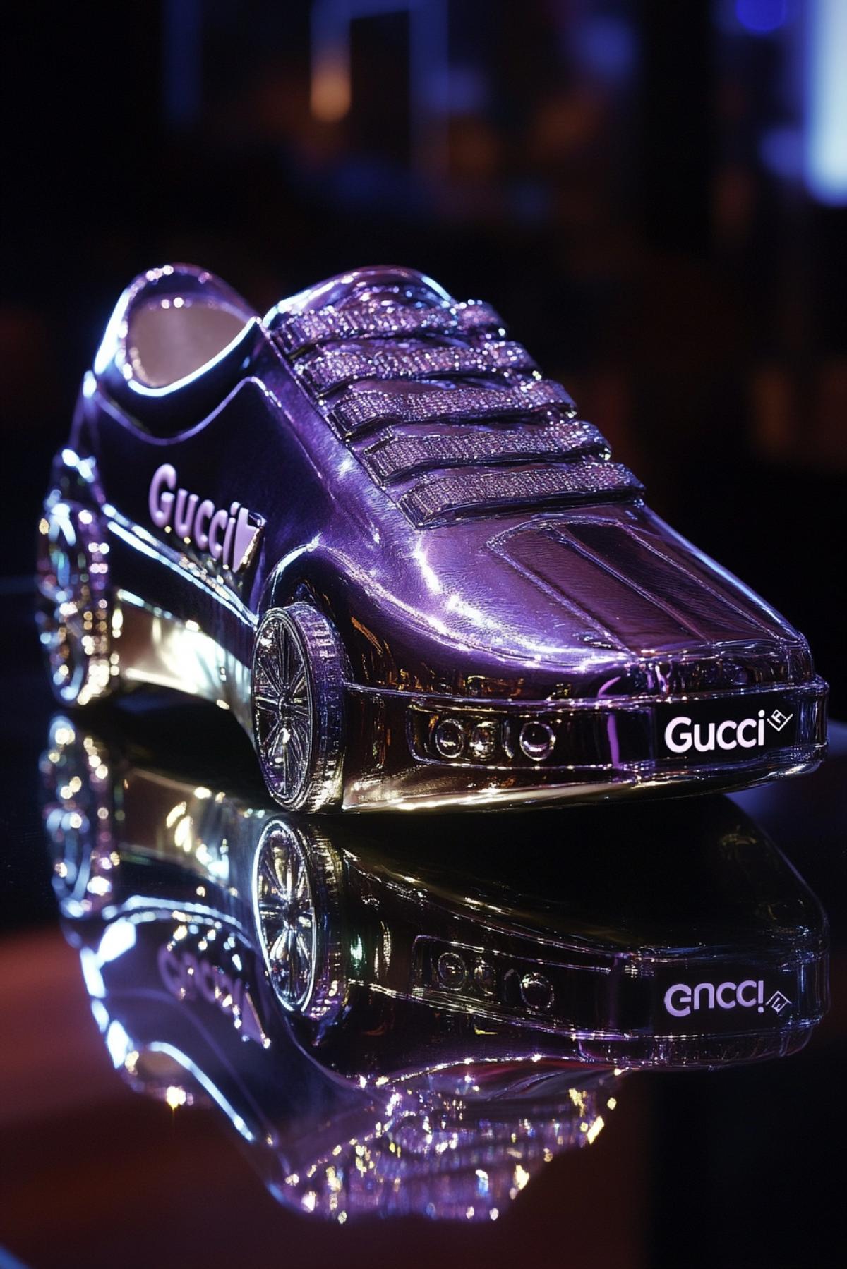 Big luxury male shoe equipped with four automobile wheels advertising text \"Gucci\" scenic light high contrast gloss shine