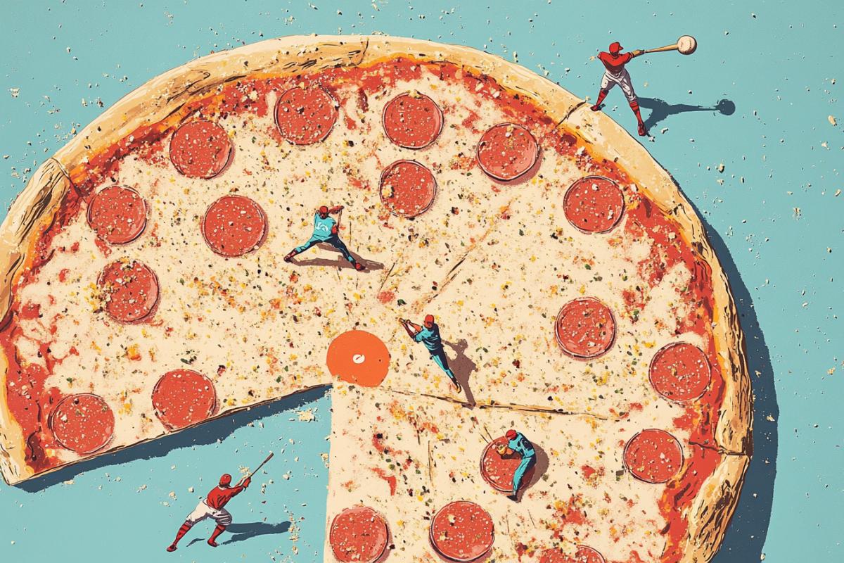 minimalist illustration of a baseball field on top of a giant pizza, tiny players running the bases and hitting the ball, with slices of pepperoni and cheese around the edges, the pitch embedded in the pizza crust, adding a fun twist to the game