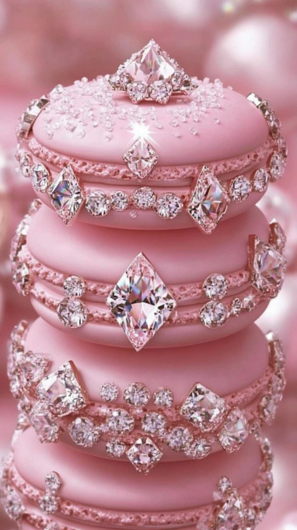 Advertisement for pink macarons, an Italian cookie decorated with diamonds