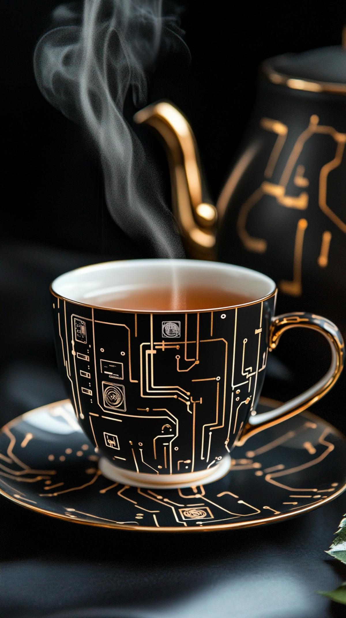 Microprocessor design of a tea set, a cup of tea with steam coming from it, a cup on a saucer, a stylish teapot also with a microprocessor design, a rose with microprocessor patterns on the petals, dark silk background