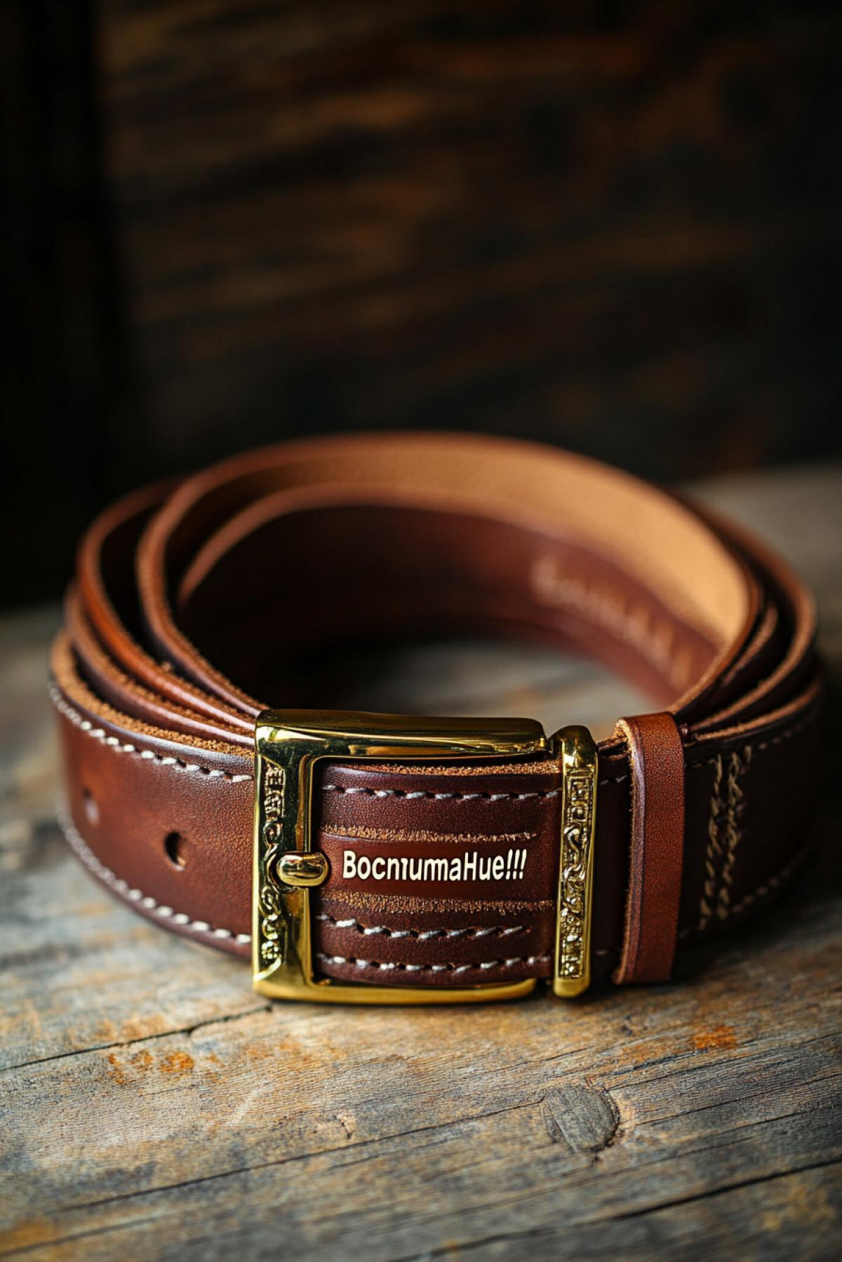 wide leather jeans belt with golden buckle adv text big letters \"BocnumaHue!!\" across picture scenic light high contrast