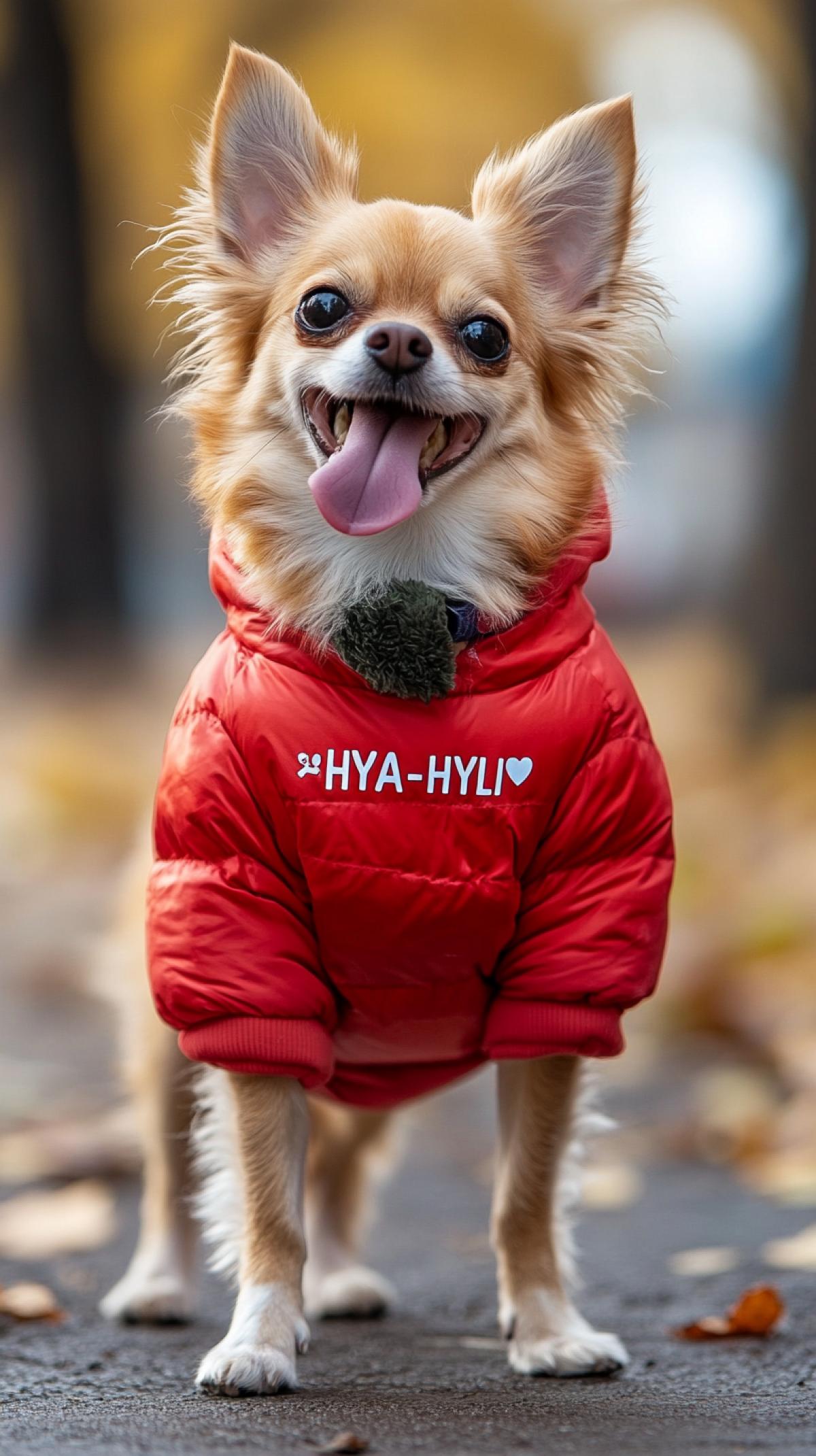 Chihuahua with his tongue hanging out on a walk wearing a red down jacket with the inscription \"HYA-HYLI\"