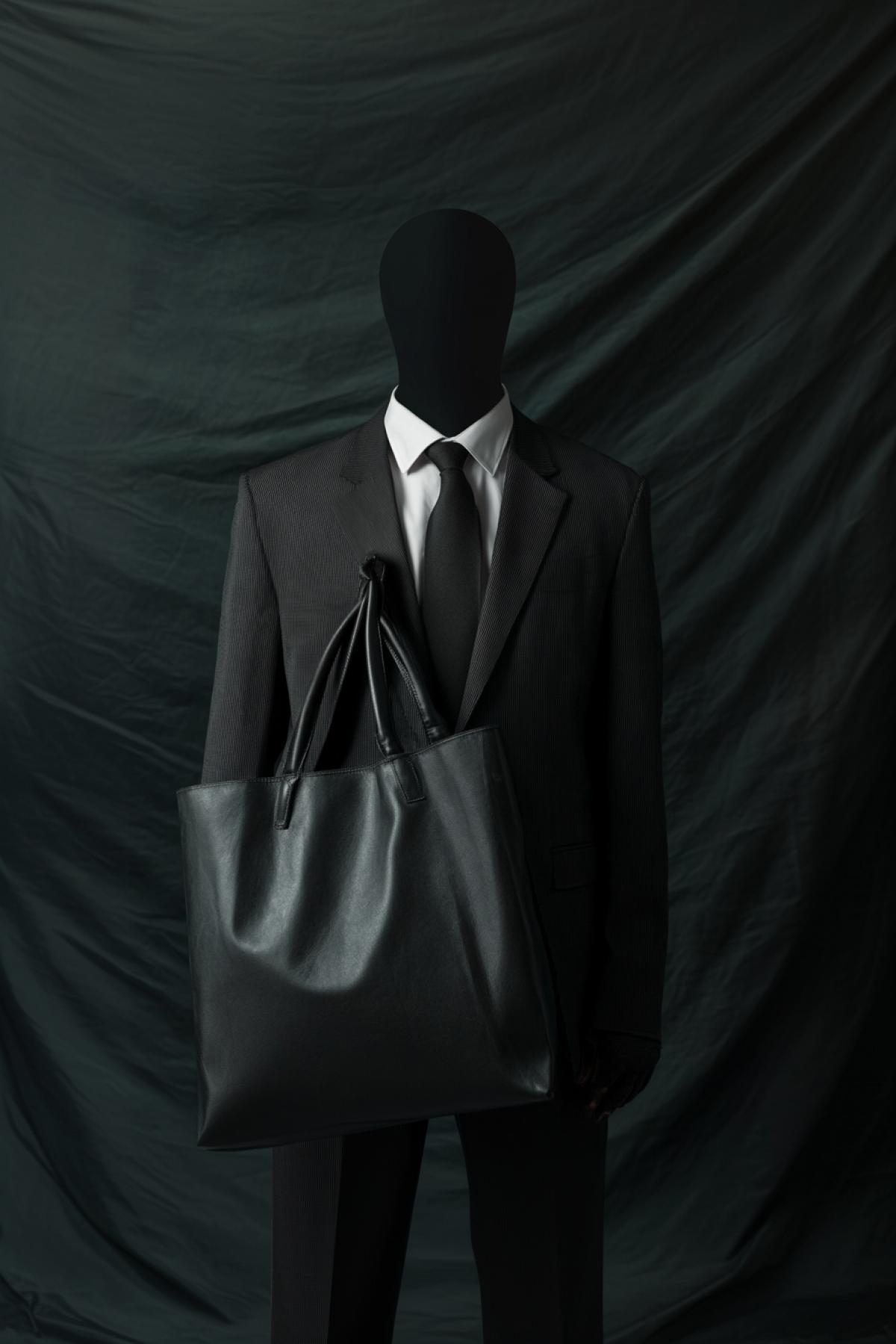 Wide classic suit in minimalist style, very large leather bag, creative advertising, minimalism, psychedelic, shimmer, realistic image, photoshop