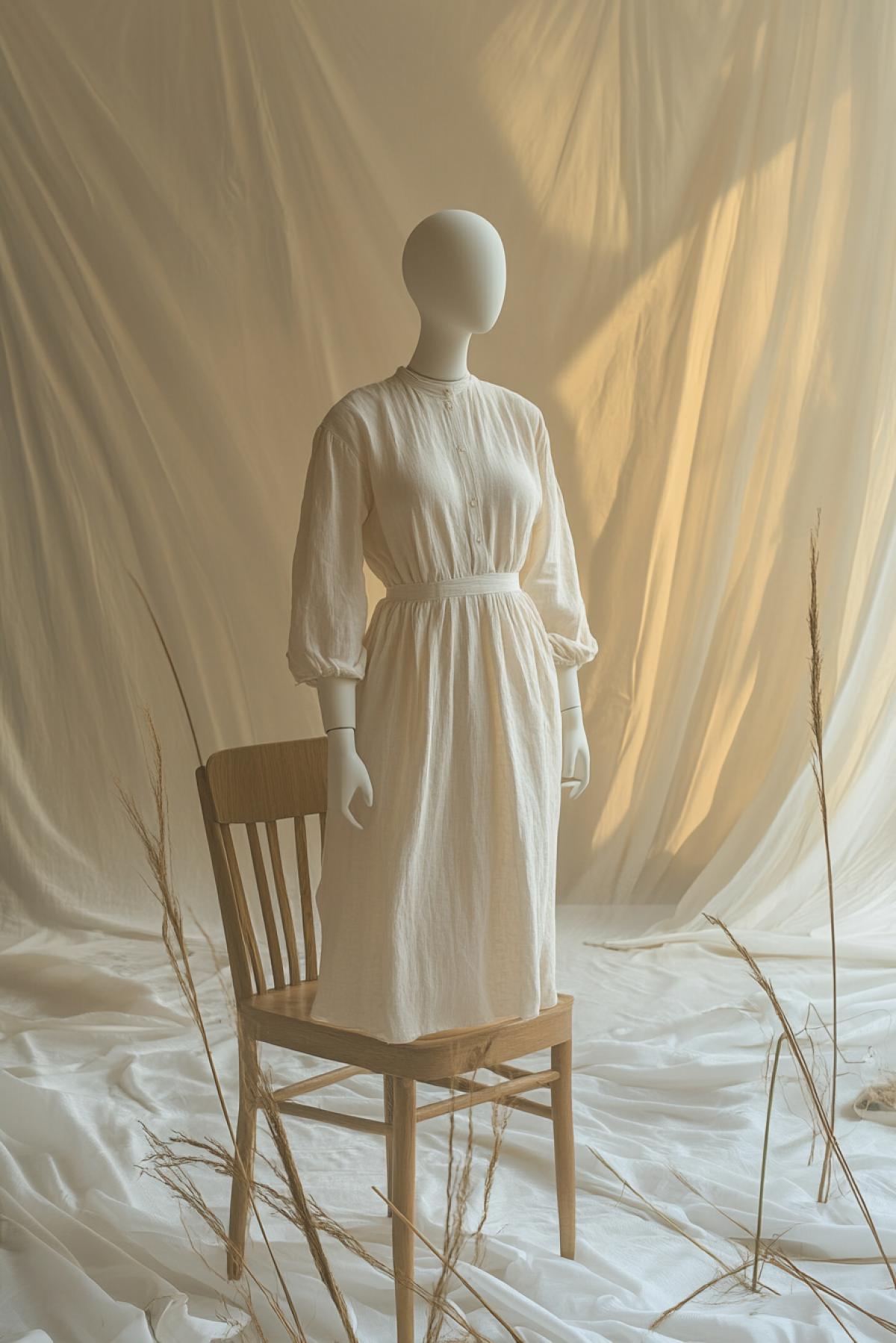 Advertising, a mannequin in a beautiful linen dress in a minimalist style stands on a chair, psychedelic, maximalism, flickering, realistic image, photoshop