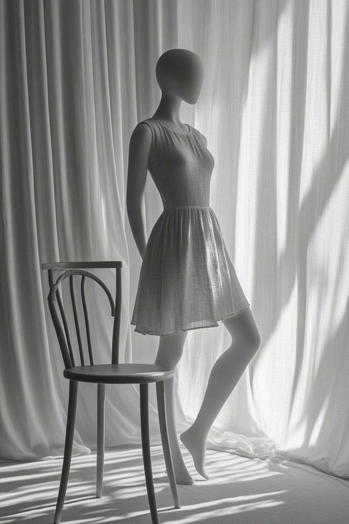 Advertising, a mannequin in a beautiful linen dress in a minimalist style stands on a chair, psychedelic, maximalism, flickering, realistic image, photoshop