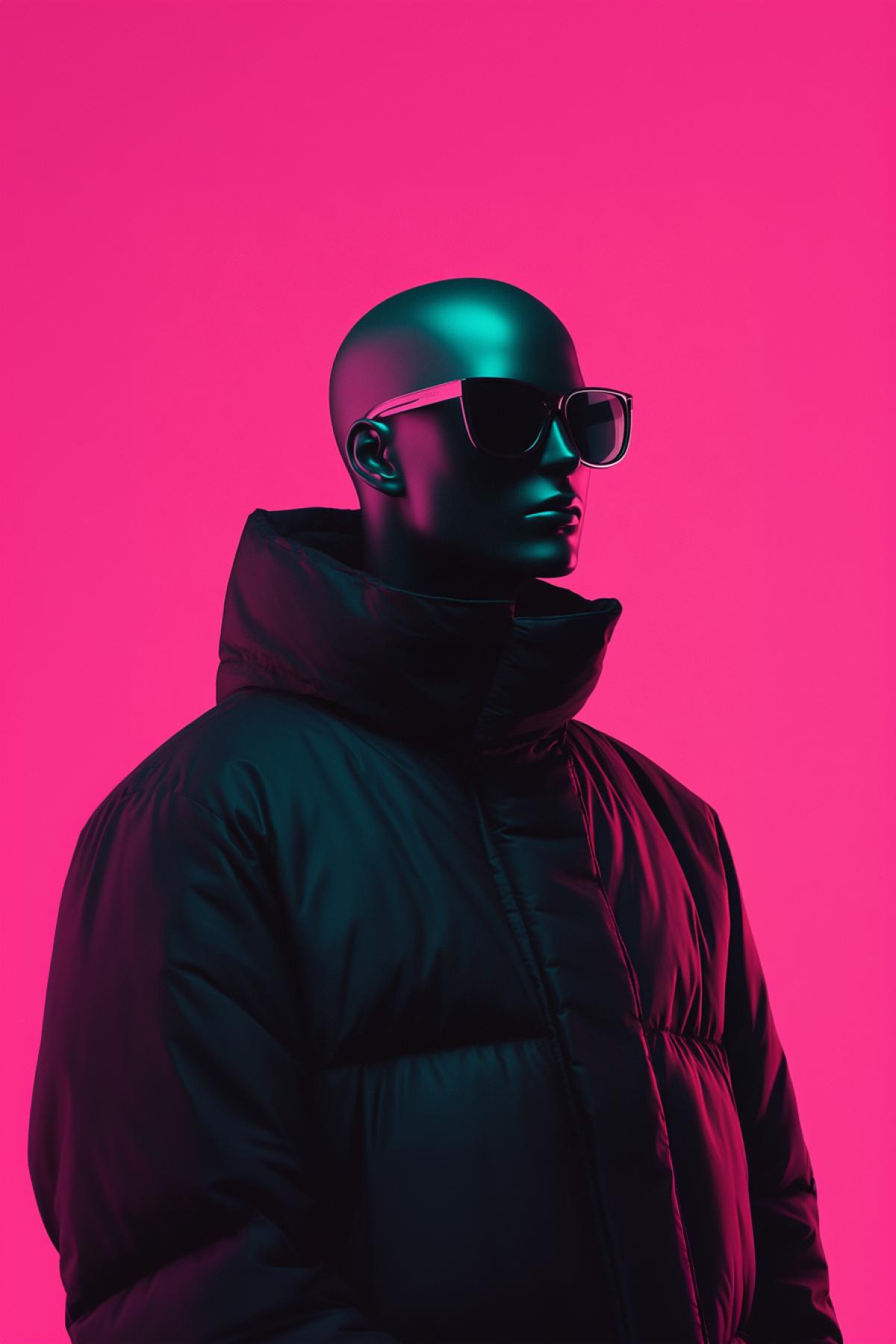 Advertising. mannequin in a in a large dark jacket in the style of minimalism in canterprerar, minimalism, psychedelic, shimmer, realistic image, photoshop