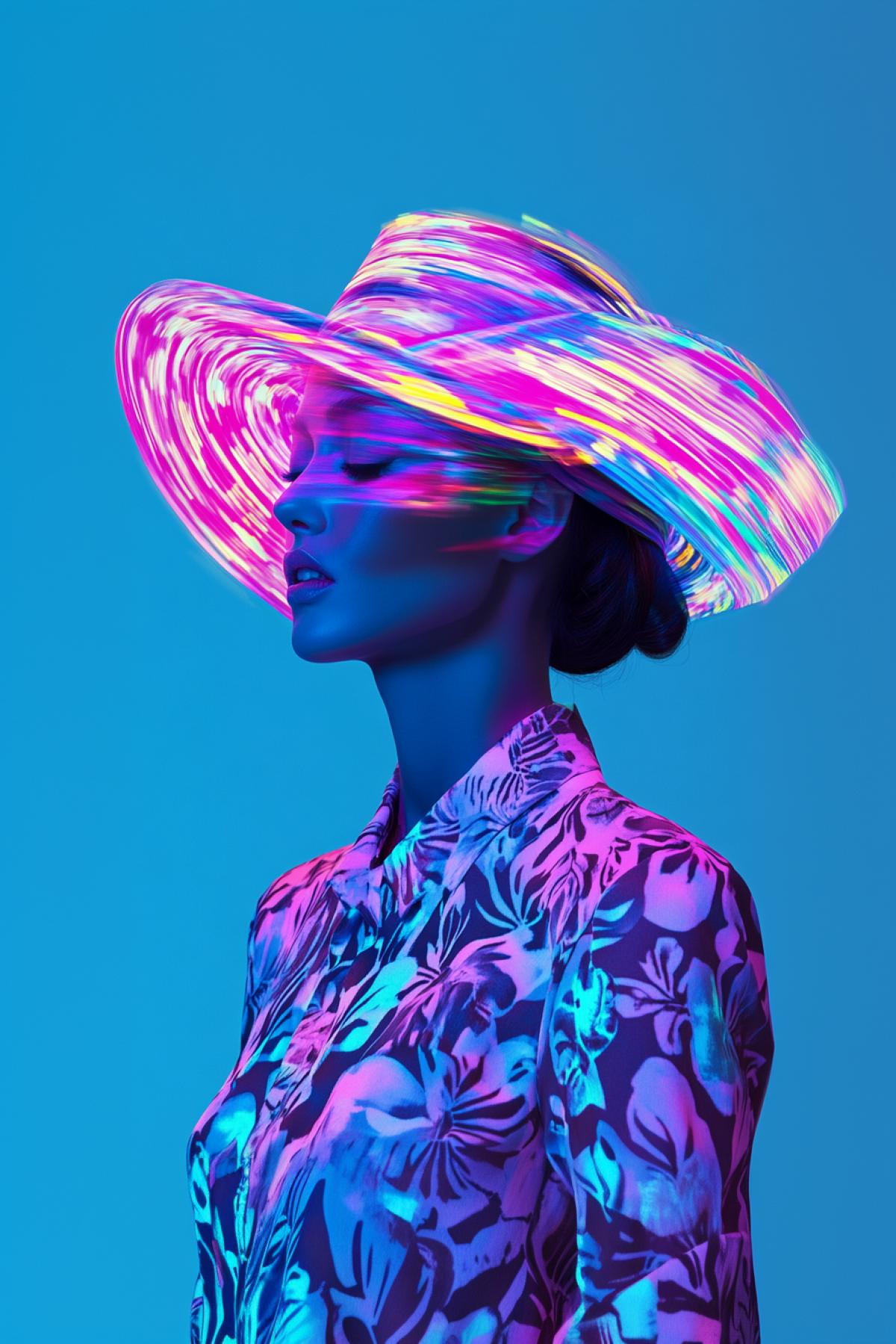 Unusual creative fashion advertising, minimalism, psychedelic, flickering, photoshop