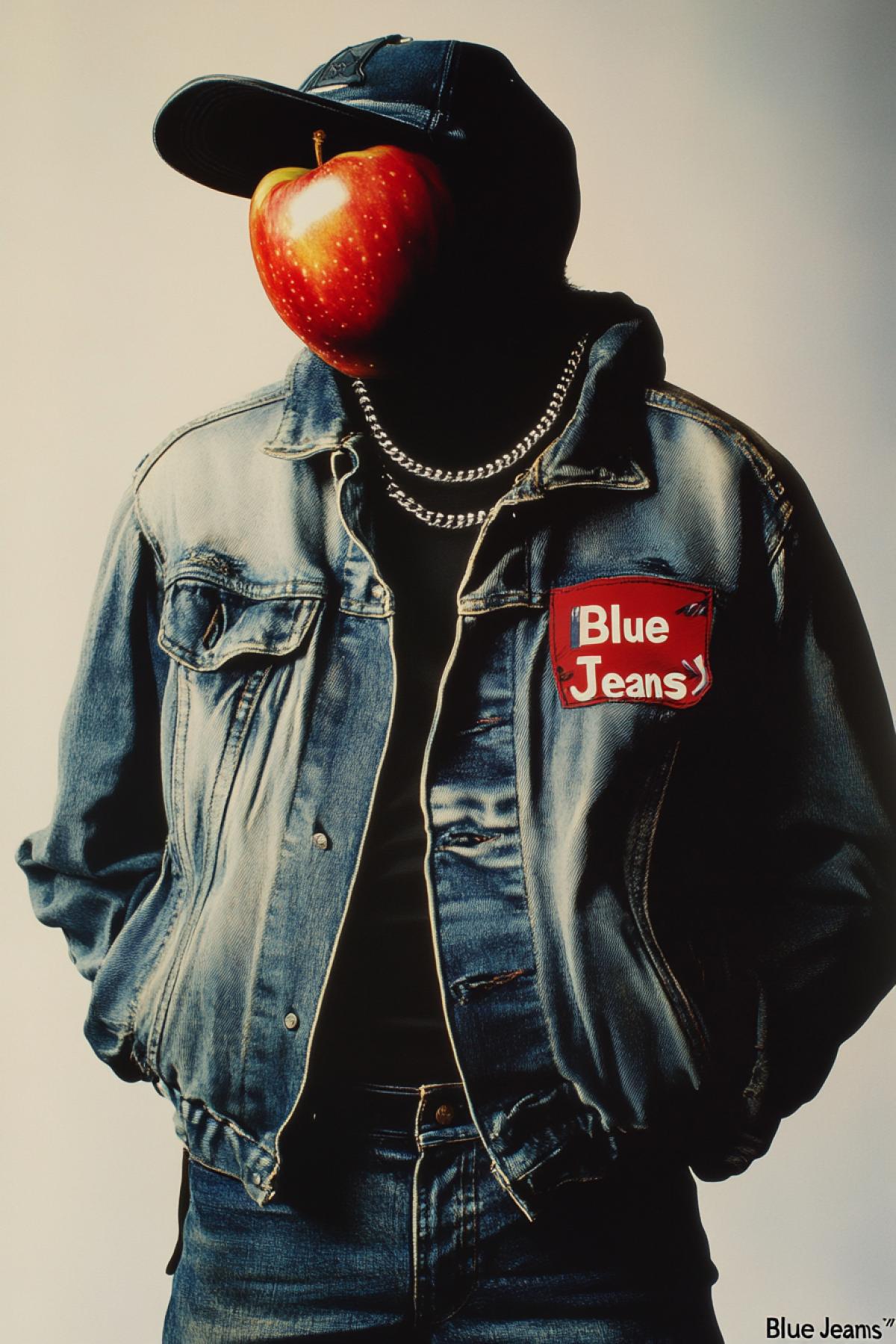 Le fils de lhomme by Rene Magrittes art man with apple face demonstrating ragged jeans jacket silver neckchain jeans cap adv poster scenic light vibrant colours high contrast beautiful logo \"Blue Jeans\" big letters in corner