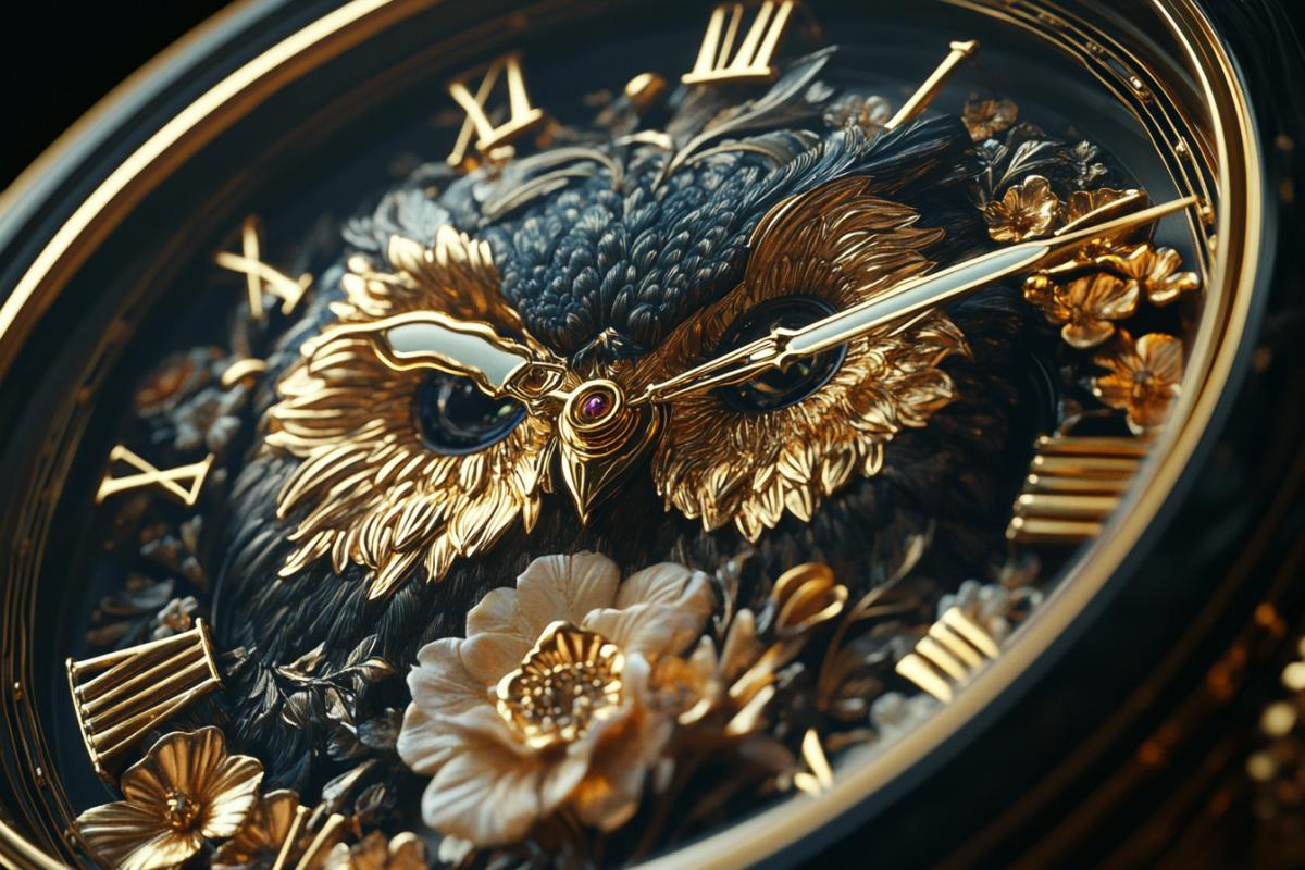 breguet watch face, bubo and the mechanical floral owls, intricate, hyperdetailed, unreal engine, 8k render, studio product shot lighting