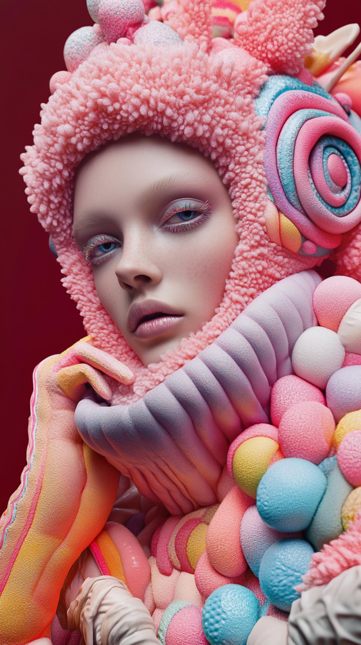 character design, cold, winter, luminogram, sharp focus, colorful, crisp, detailed, cinematic, detailed, glamorous, fashion, Prada, Versace, fashion world, editorial, fashion, magazine photo shoot, fluff, dreamy glow, alien, fantastic realism, kitsch outfit