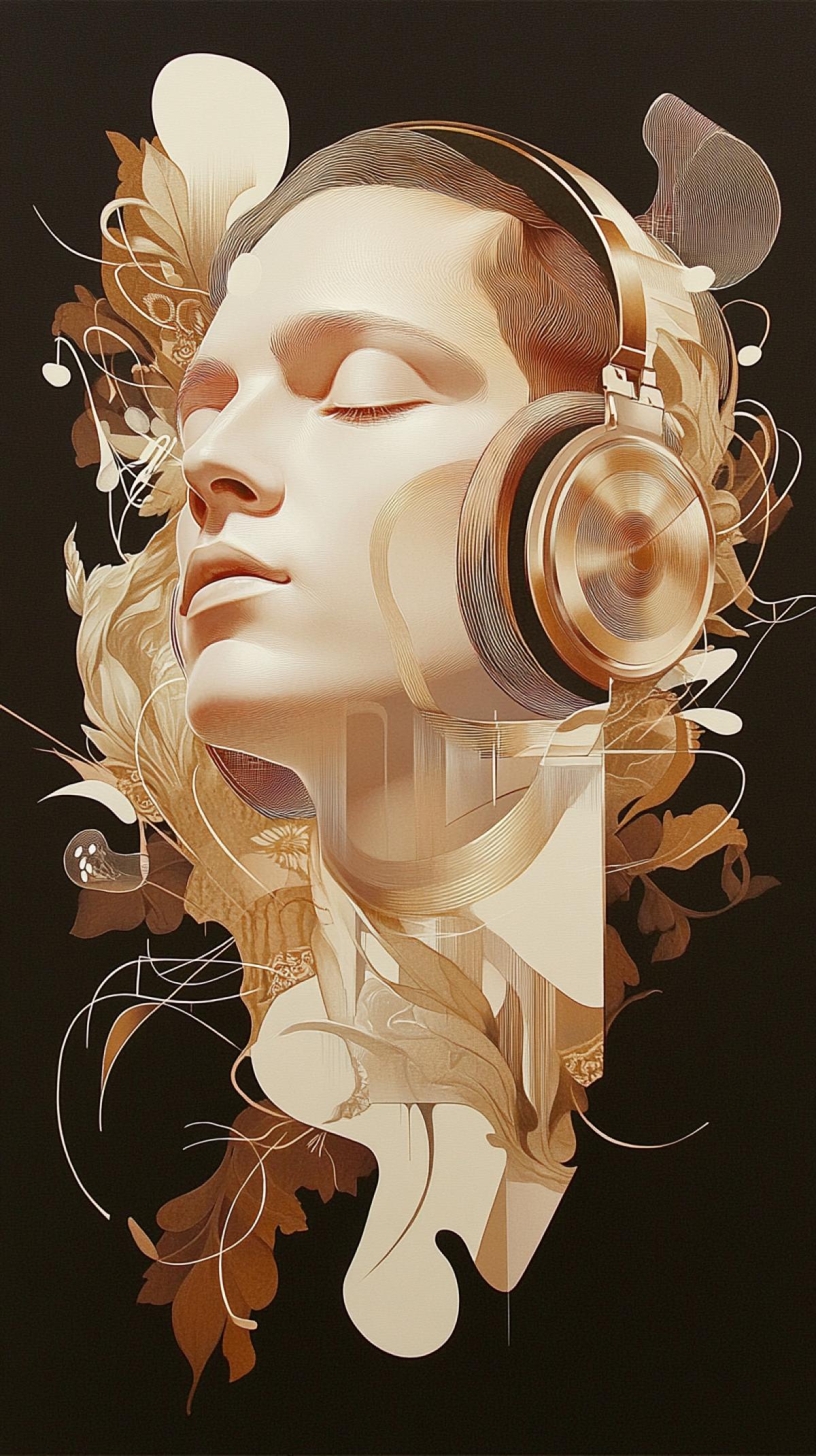 T-shirt print of a Renaissance com4k including Michelangelos David face with short hair wearing DJ headphones, flying music notes, dj headphones and techno music ornaments around in a modern style. The com4ks floating against a dark background