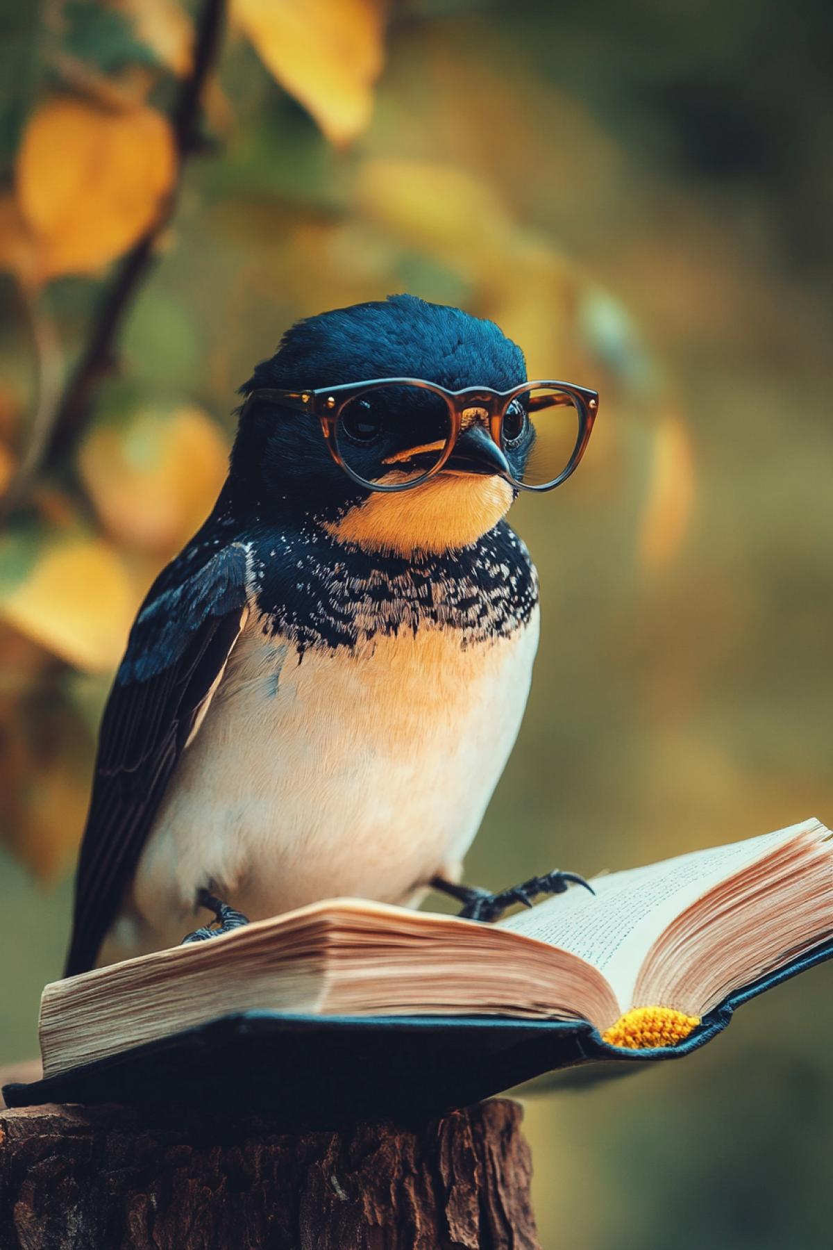 Swallow bird as big boss wearing glasses reads book